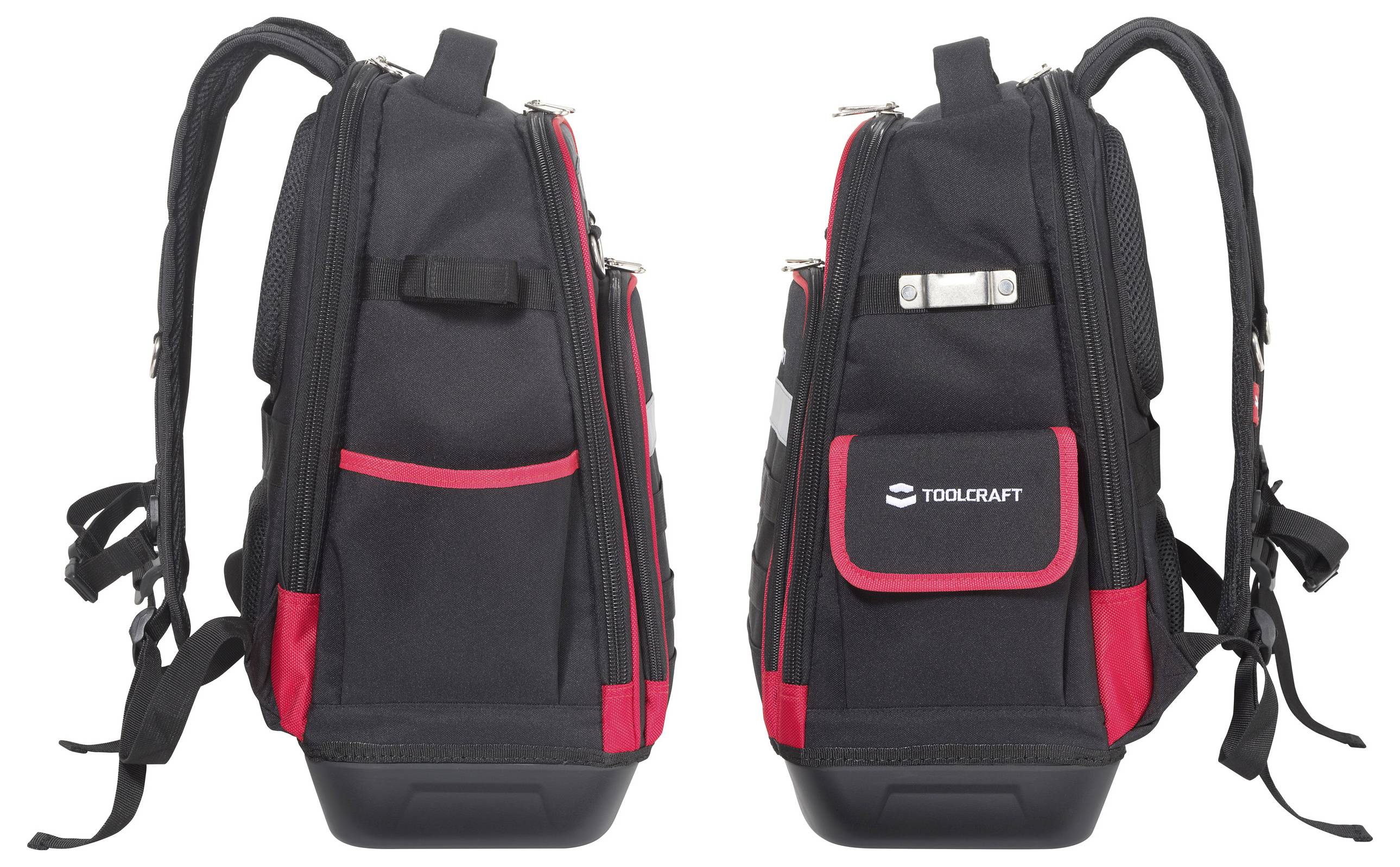 Zwei schwarze und rote Rucksäcke mit Reißverschlüssen und Taschen, nebeneinander ausgestellt. Der rechte Rucksack trägt ein Markenlogo auf seiner Außentasche.