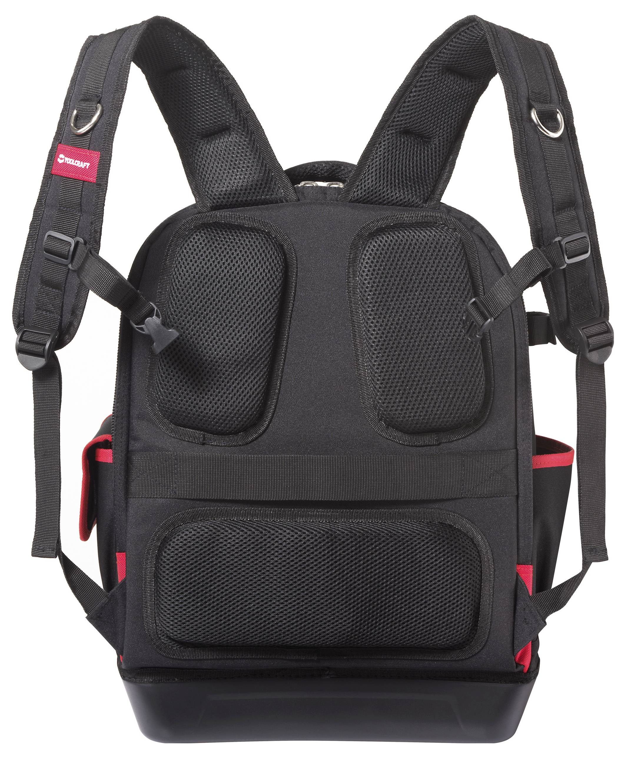 Ein robuster schwarzer Rucksack mit gepolsterten Trägern und mehreren Fächern, mit roten Akzenten versehen. Geeignet für Outdoor-Aktivitäten oder den Schulalltag.