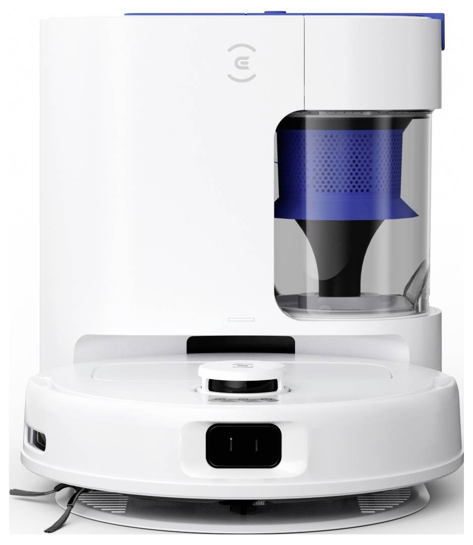 Weißer Roboter-Staubsauger mit Ladestation, zeigt transparenten Staubbehälter und blaue Akzentfarbe.