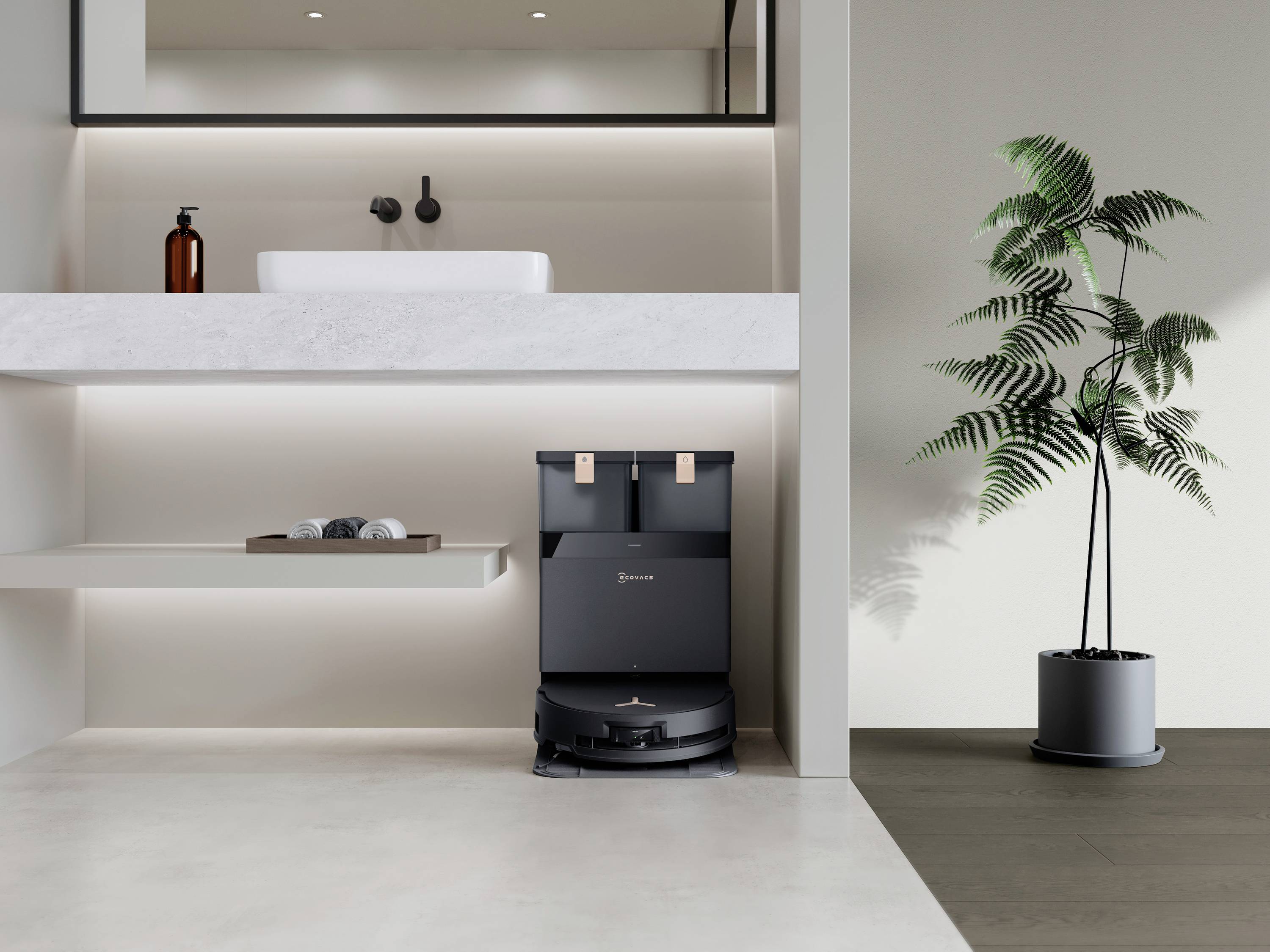 Ein Staubsauger-Roboter befindet sich in einer modernen, minimalistisch eingerichteten Wohnung neben einer Pflanze und einem Waschbecken.