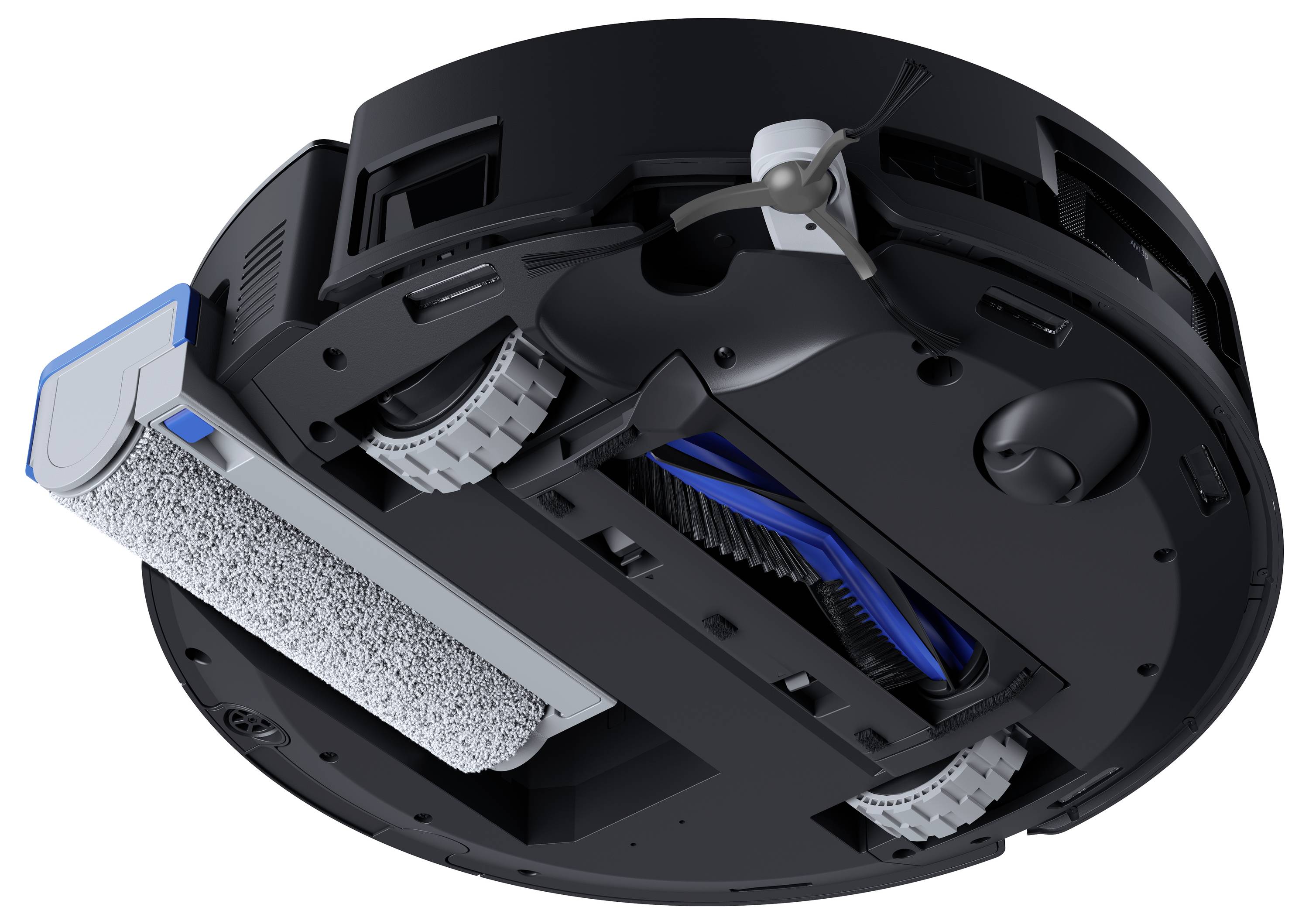 Unteransicht eines kreisförmigen Bodenreinigungsroboters mit Reinigungsbürste, Rädern und Sensoren.