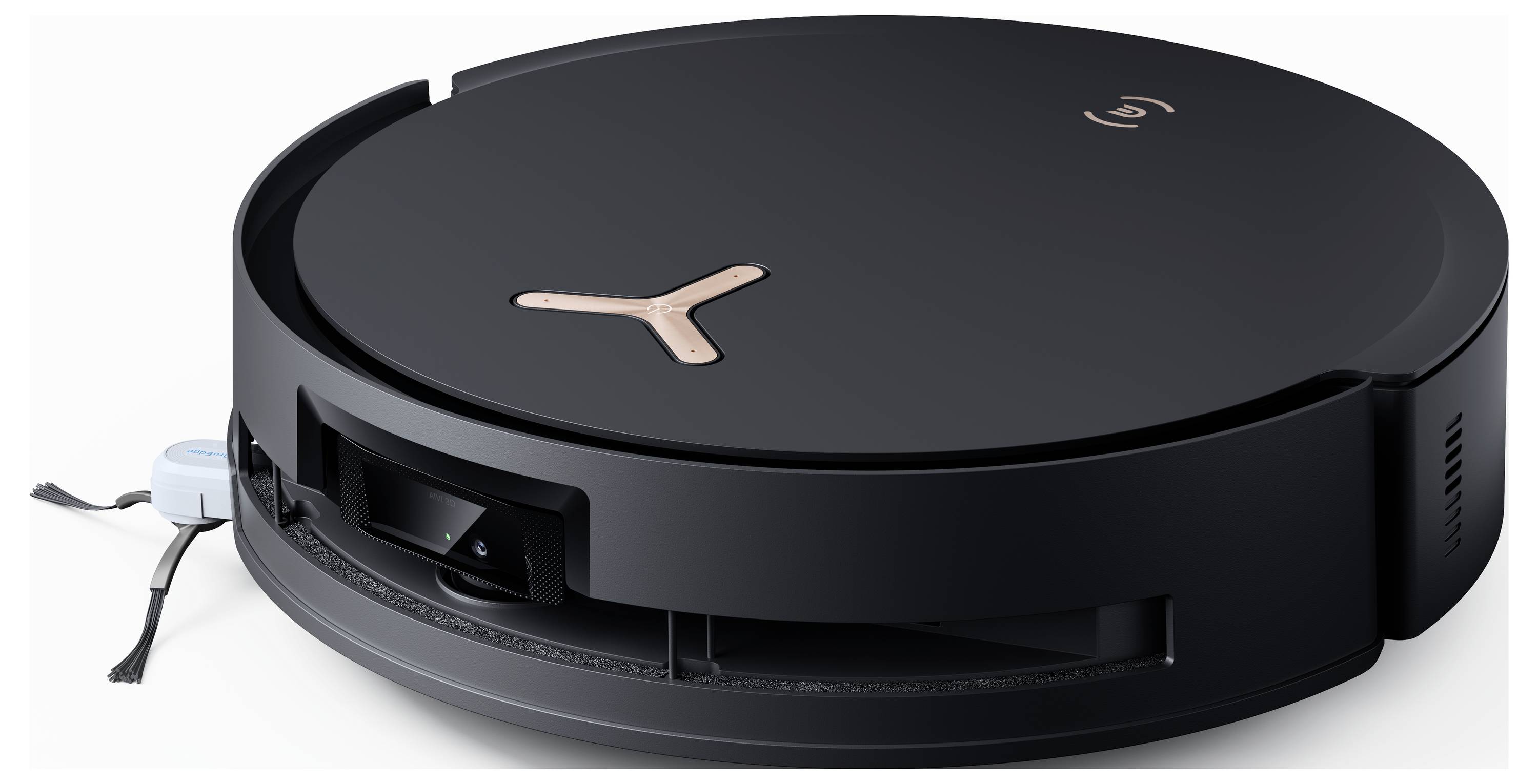 Schwarzer Saugroboter mit rundem Design, goldenen Akzenten und seitlichem Sensor. Ideal für die Reinigung von Böden.