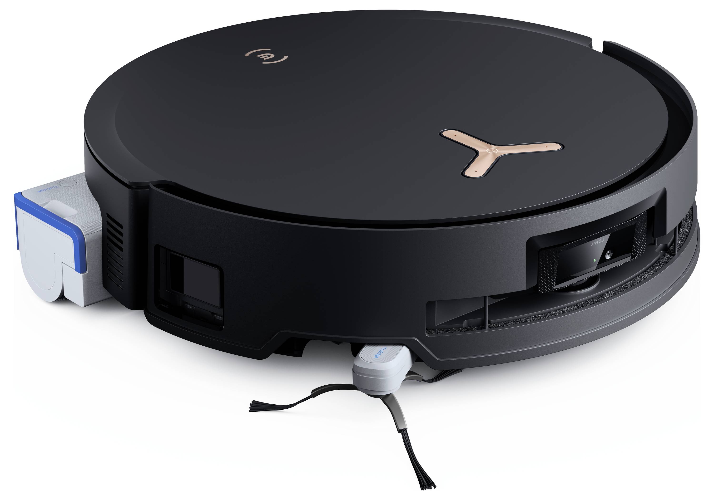 Ein schwarzer Robotersauger mit blauer Reinigungsbürste und Seitensensoren. Geeignet für automatisierte Bodenreinigung.