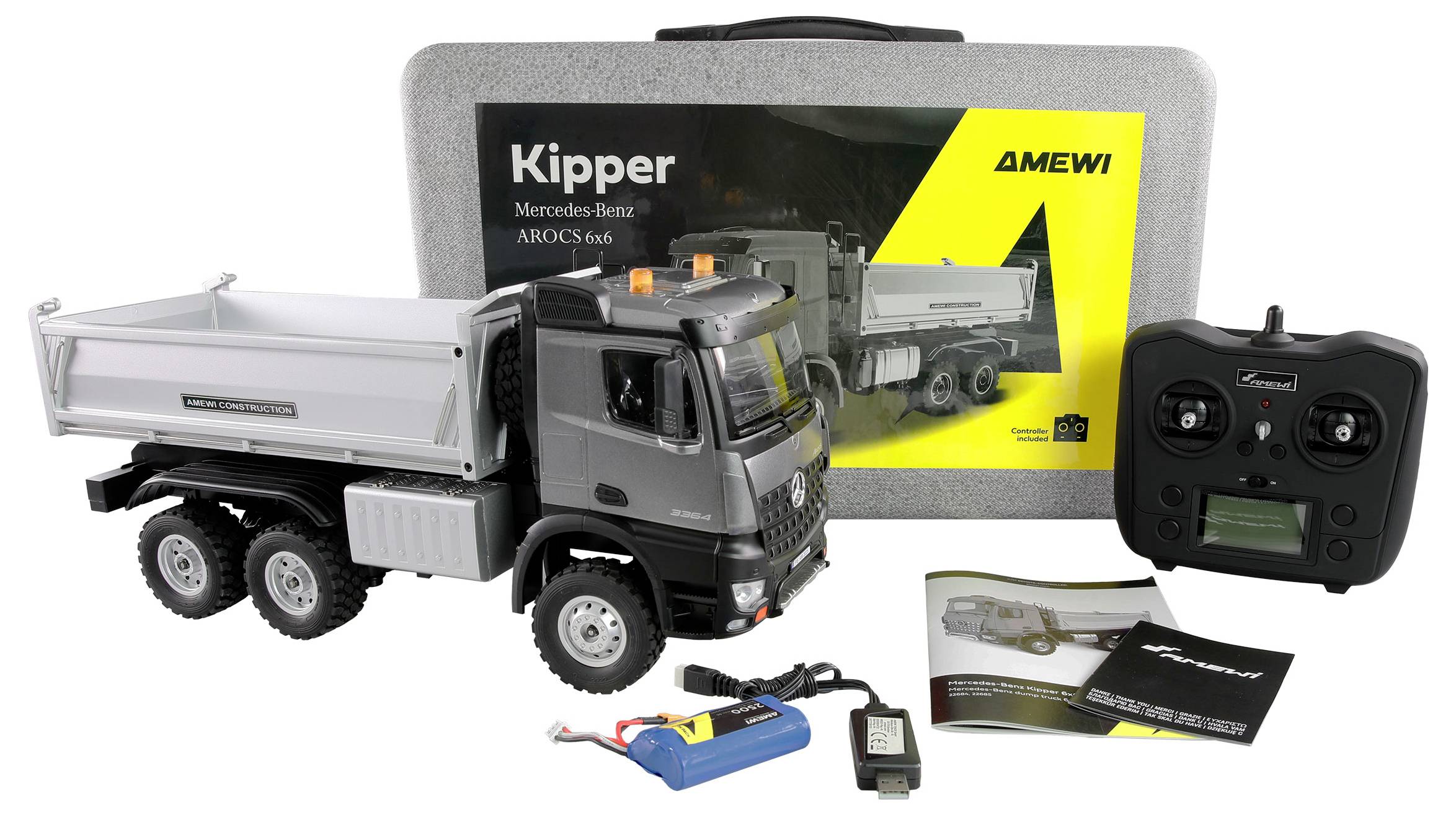 Amewi 22685 Mercedes-Benz Arocs Kipper 6x6 anthrazit 1:14 Elektro RC Funktionsmodell RtR