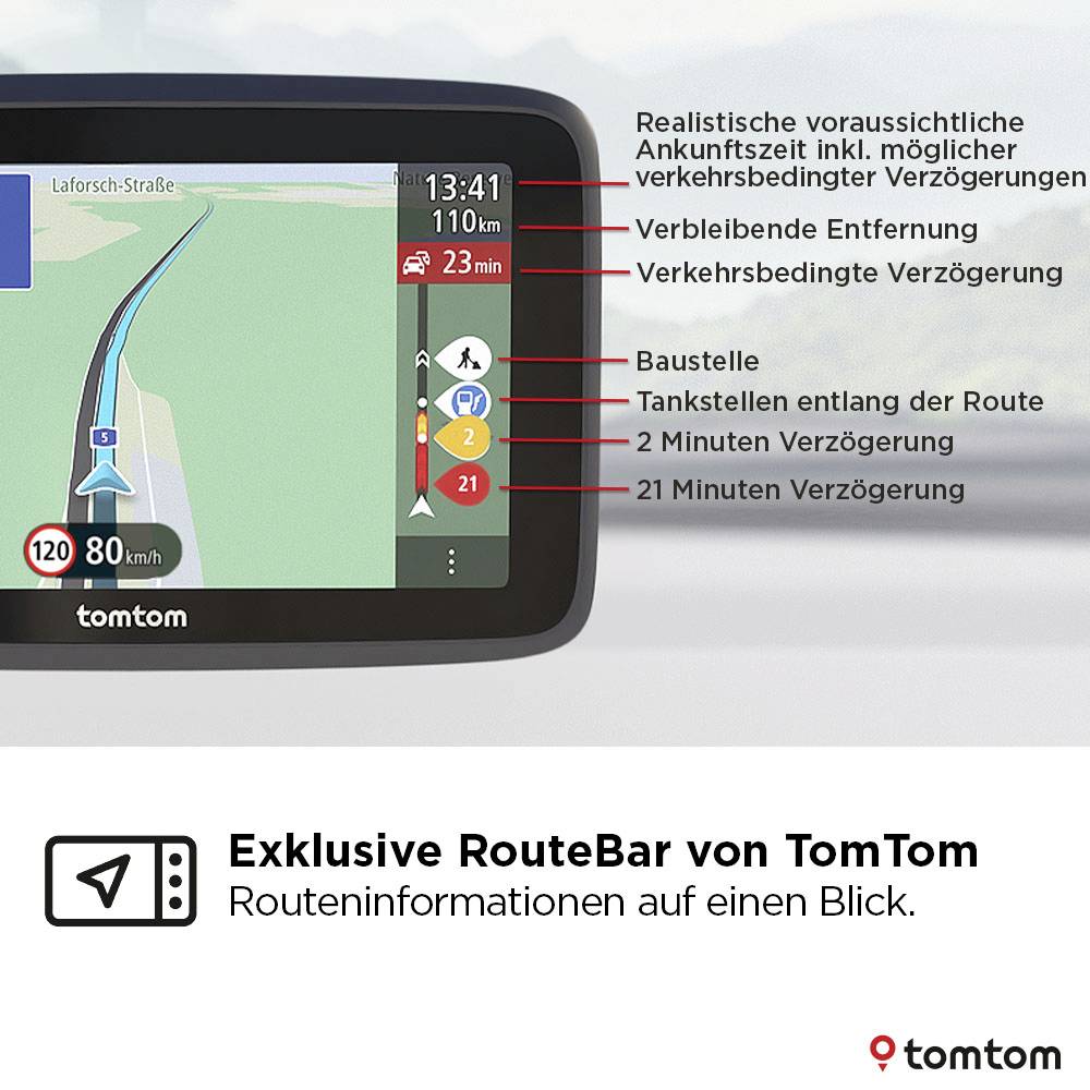 Navigationsgerät zeigt Route, Ankunftszeit 13:41, 80 km; Verzögerung durch Verkehr vorausgesagt, bis zu 21 Minuten Verzögerung.