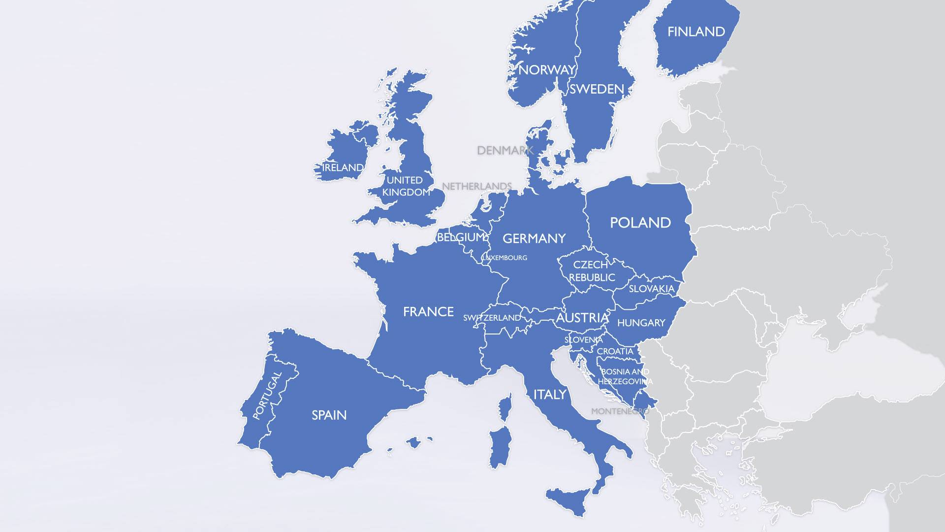 Europakarte: Länder in Blau hervorgehoben (z.B. Spanien, Frankreich, Deutschland, Italien, Polen). Nordische und osteuropäische Länder sind farblos.