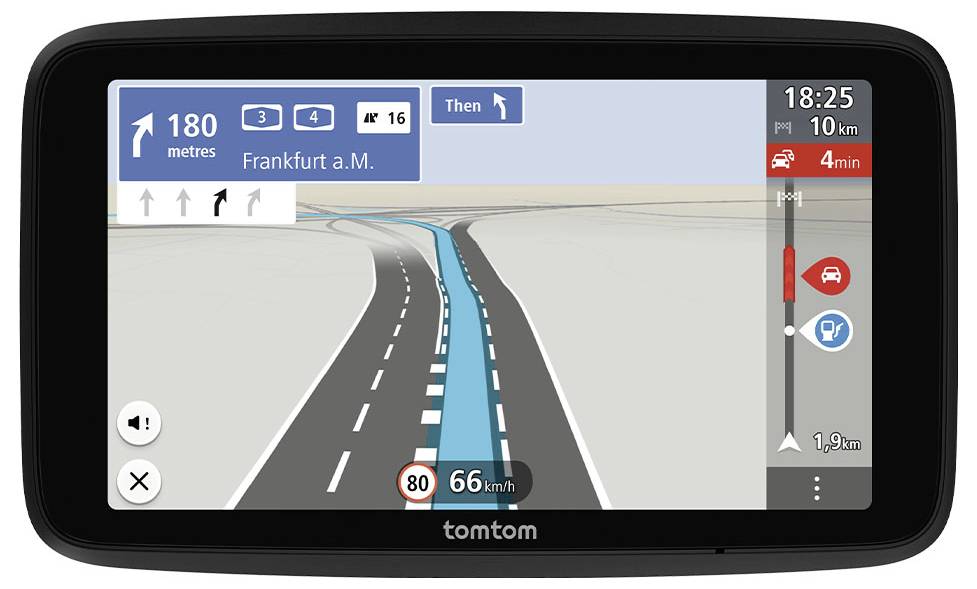 Navigationsbildschirm eines GPS-Geräts zeigt eine Route auf Autobahn nach Frankfurt am Main. Entfernung beträgt 180 Meter, Geschwindigkeit 66 km/h.