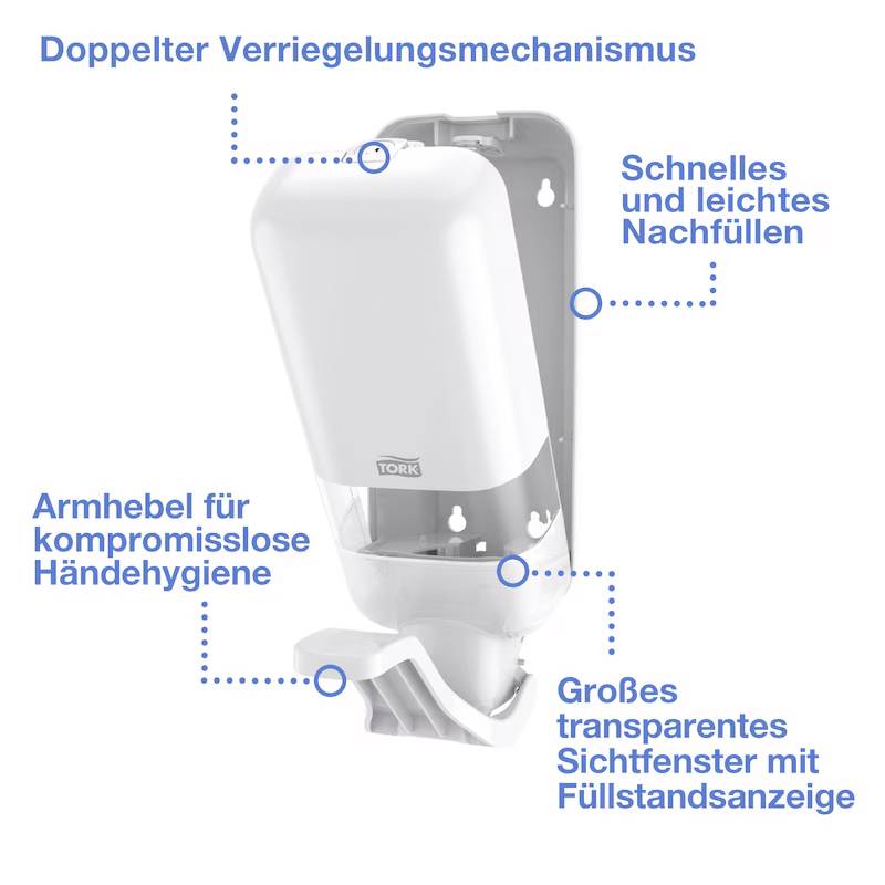 Seifenspender mit Armhebel, doppeltem Verriegelungsmechanismus und Sichtfenster für Füllstandsanzeige. Schnelles Nachfüllen möglich.