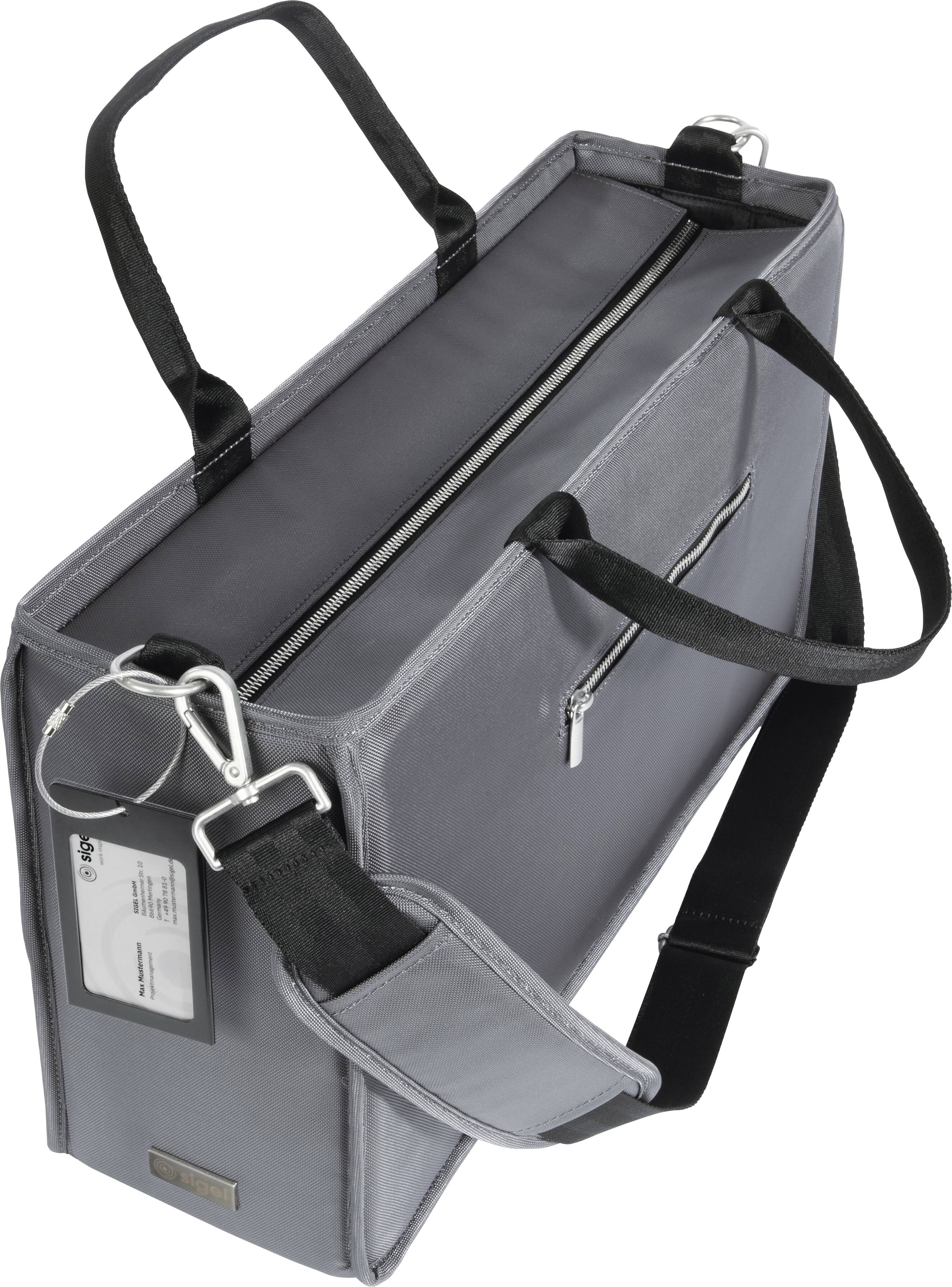 Eine graue Aktentasche mit Schultergurt, schwarzen Griffen und einem Reißverschluss. An der Seite ist ein Fach mit einem Ausweisfäch.