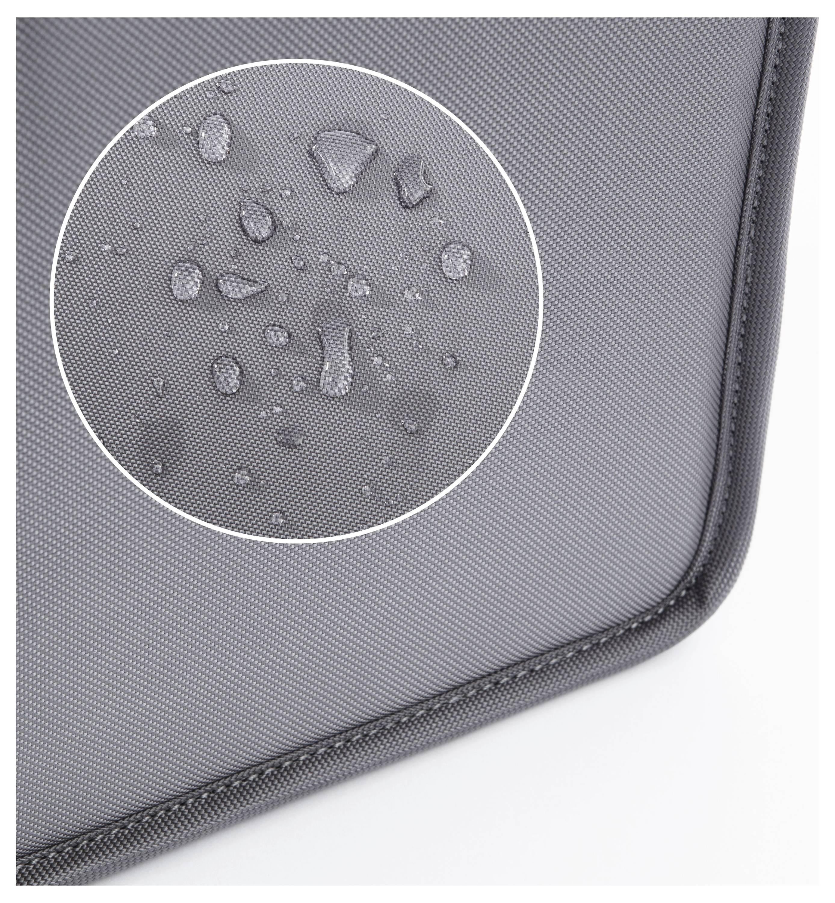 Wasserabweisender Stoff mit kreisförmigem Detail, das Wassertropfen zeigt.