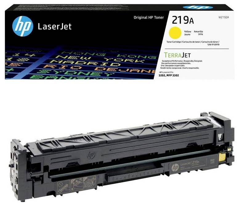 Toner-Kartusche HP LaserJet 219A in Gelb, kompatibel mit Druckern HP 3202, MFP 3302. Verpackung zeigt technischen Text und Logos.