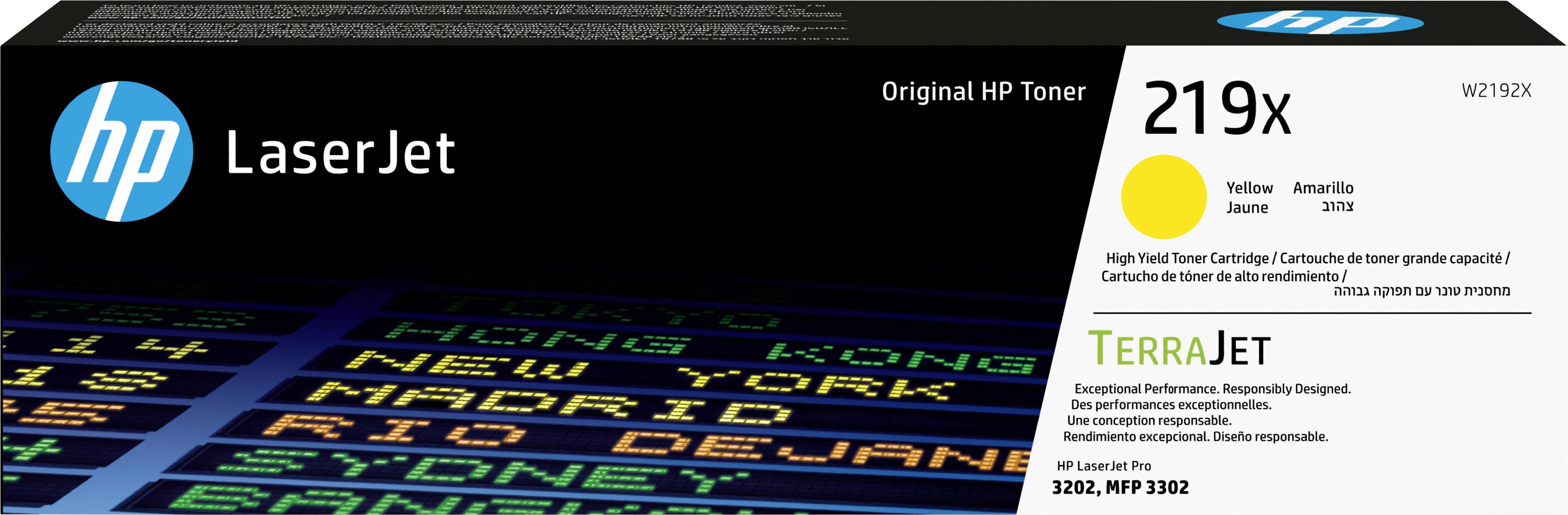 HP LaserJet 219X Tonerkartusche gelb mit 'TerraJet' Text zur Hervorhebung der Nachhaltigkeit, kompatibel mit HP-Druckern 3202 und MFP 3202.