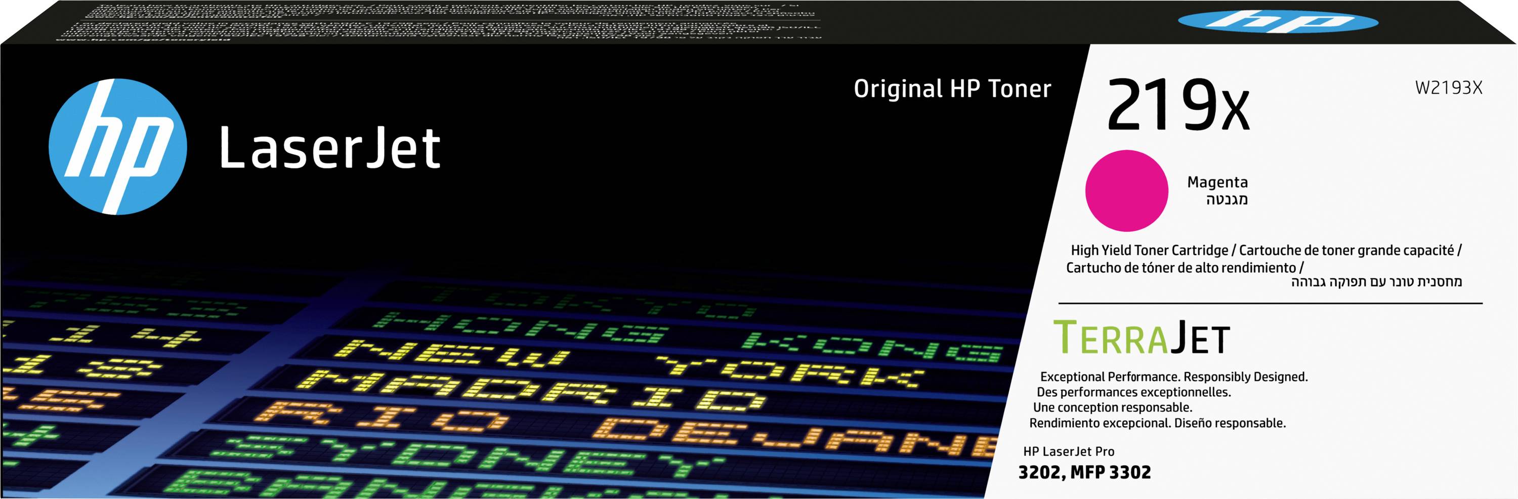 HP LaserJet 219X Magenta-Toner-Verpackung mit TerraJet-Branding, geeignet für Modelle 3202, MFP 3202. Verbesserte Leistung und umweltfreundliches Design.