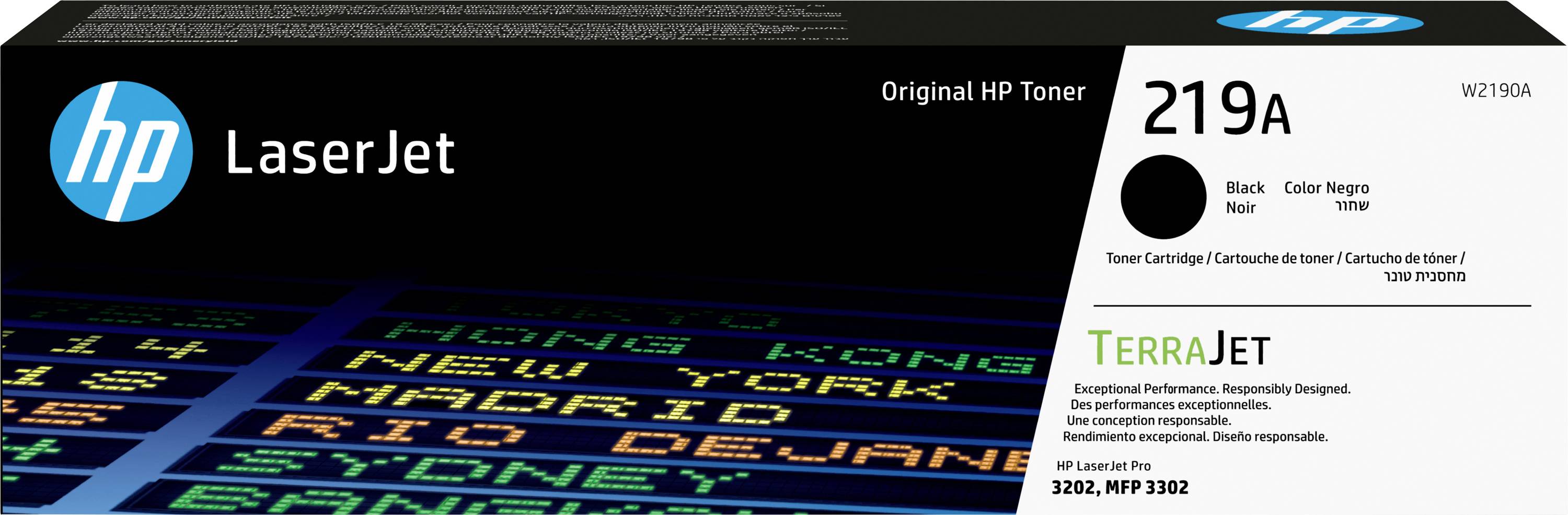 HP LaserJet 219A Schwarztoner-Box mit TerraJet-Technologie. Hebt effiziente Leistung und Nachhaltigkeit hervor. Kompatibel mit 3202- und MFP 3202-Modellen.