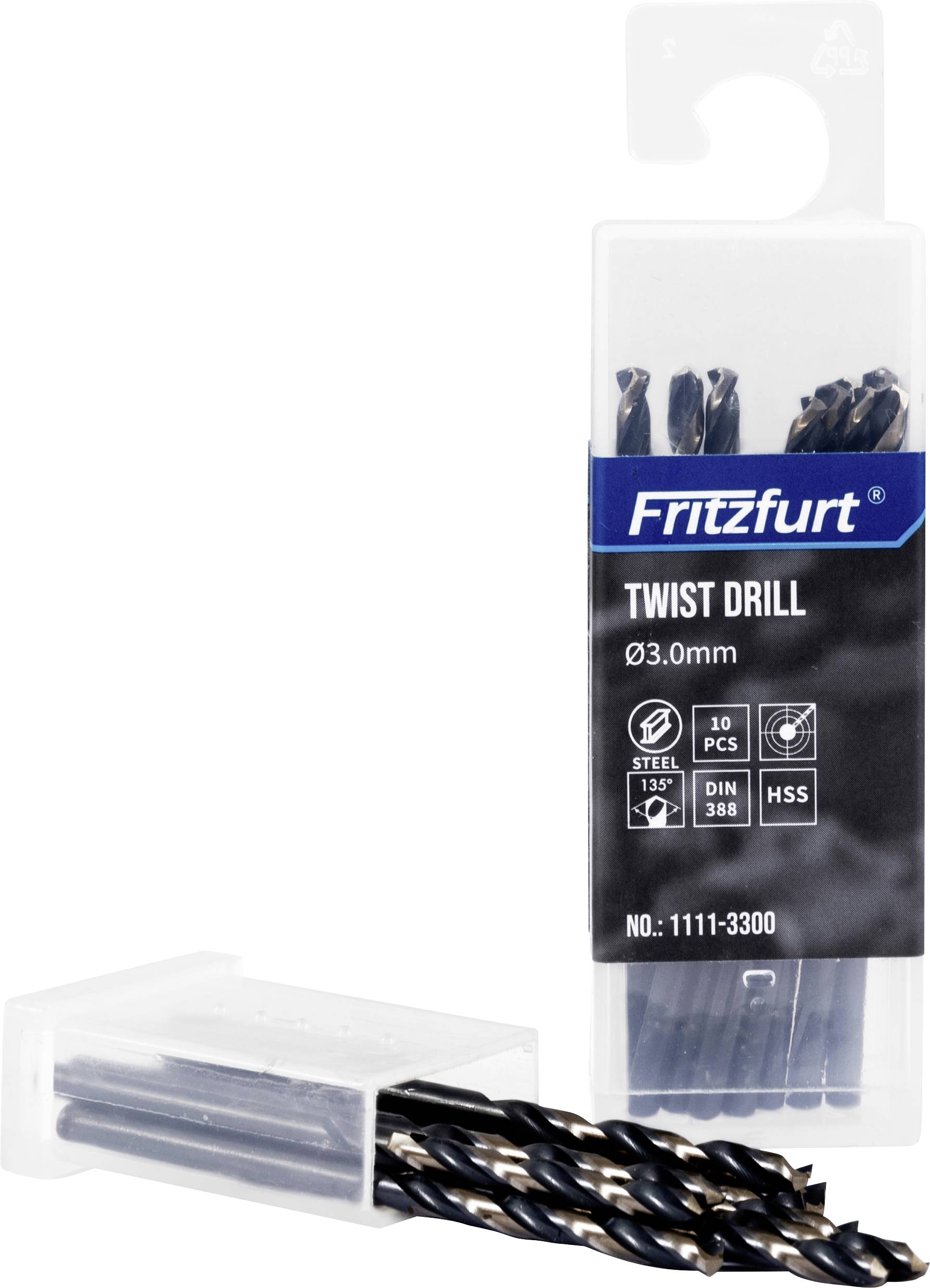 Ein Set von 10 Stahlspiralbohren, 3,0 mm, mit 135°-Schliffspitze, in einer transparenten Kunststoffbox mit der Aufschrift 'Fritzfurt Twist Drill'.