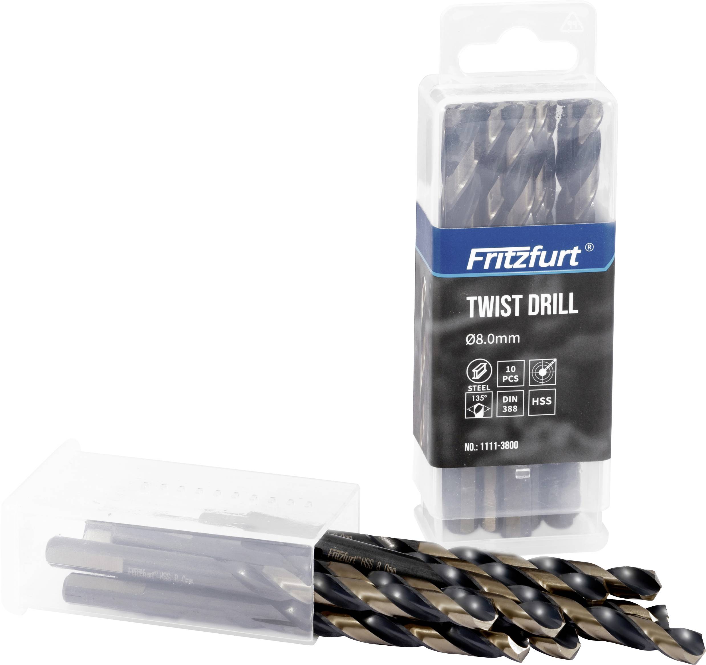 Eine Plastikbox, die einen 'Fritzfurt Twist-Bohrer-Satz' enthält, beschriftet mit 'Ø8,0mm, HSS, 10 Stück, DIN 338,' mit neben der Box liegenden Bohrern.