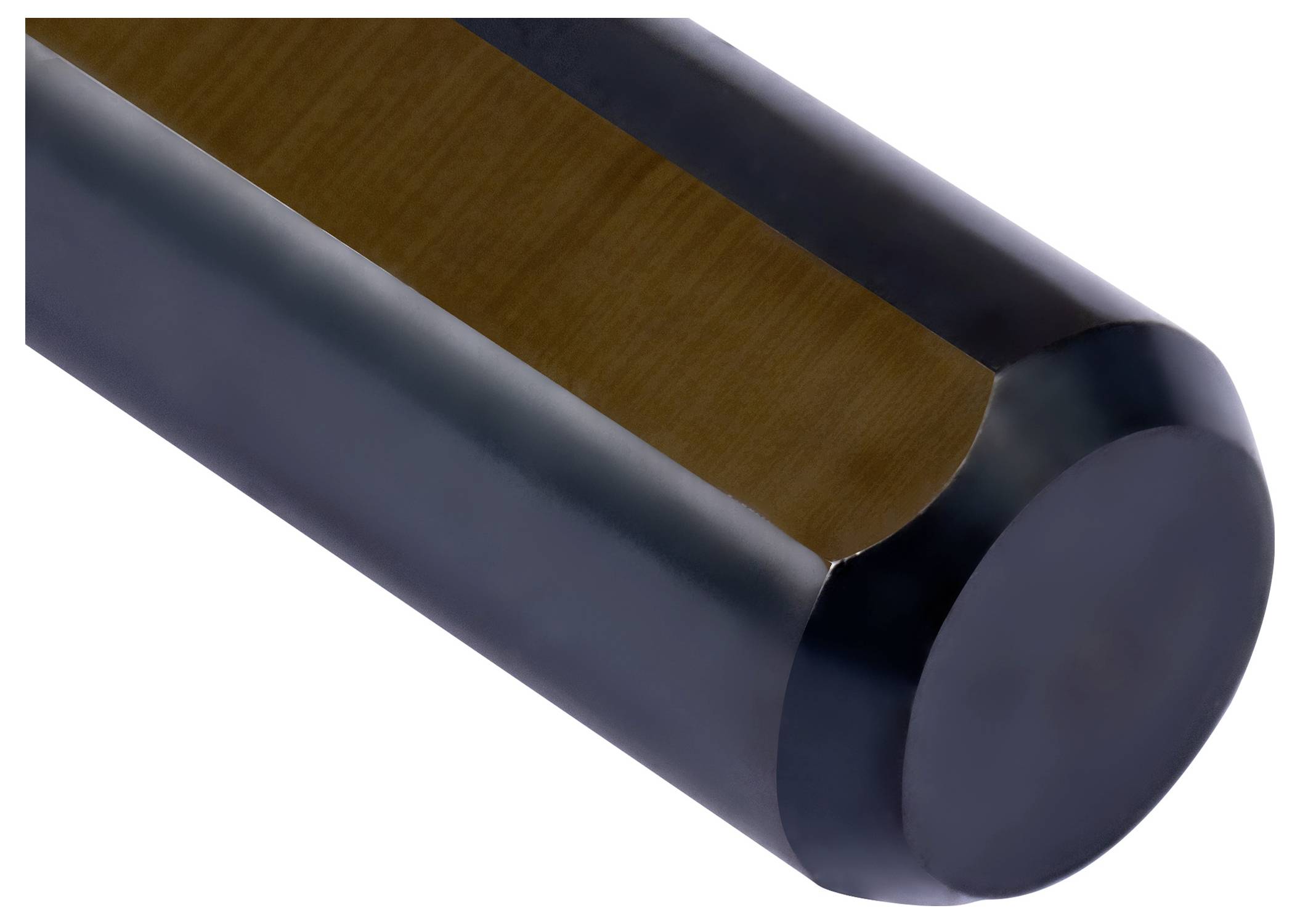 Nahaufnahme eines zylindrischen Metallstabes mit einer gerillten, polierten Oberfläche, die seinen glatten Finish und industriellen Charakter hervorhebt.