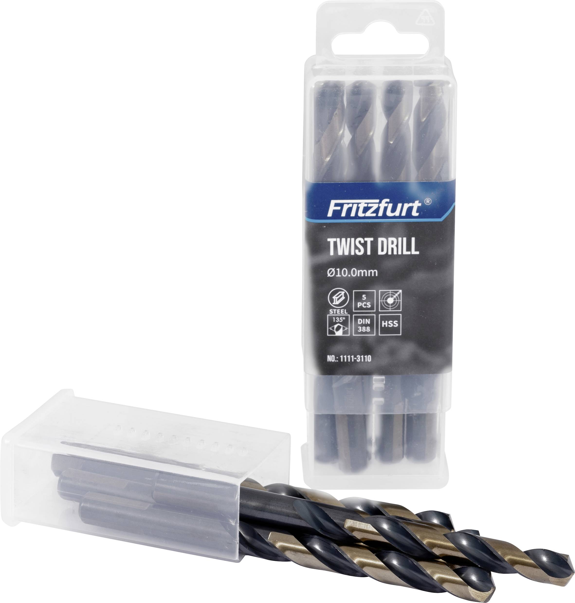 Eine Verpackung von 'Fritzfurt Twist Bohrer Ø10,0mm', die ein Set von Metallbohrern zeigt. Die Verpackung hebt Merkmale wie ein stabiles Etui hervor.