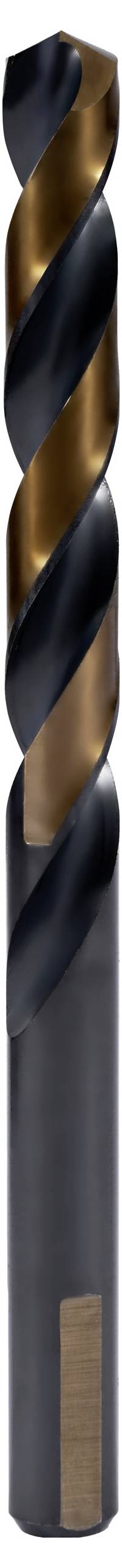 Ein schwarzer und brauner Spiralbohrer, vertikal dargestellt, mit metallischem Finish.