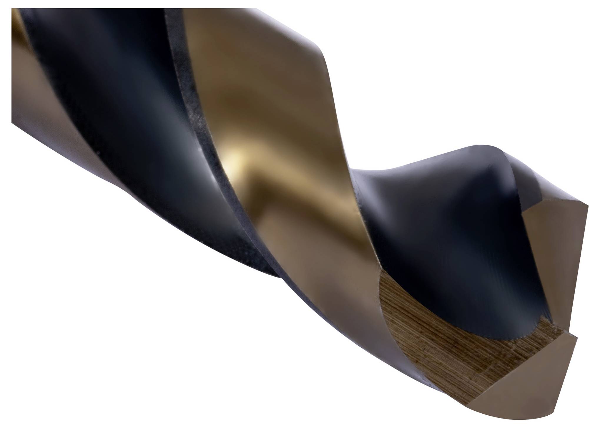 Nahaufnahme eines Metallbohrers mit gedrehtem Design, der einen glänzenden, kontrastierenden Schwarz- und Bronzeton aufweist.