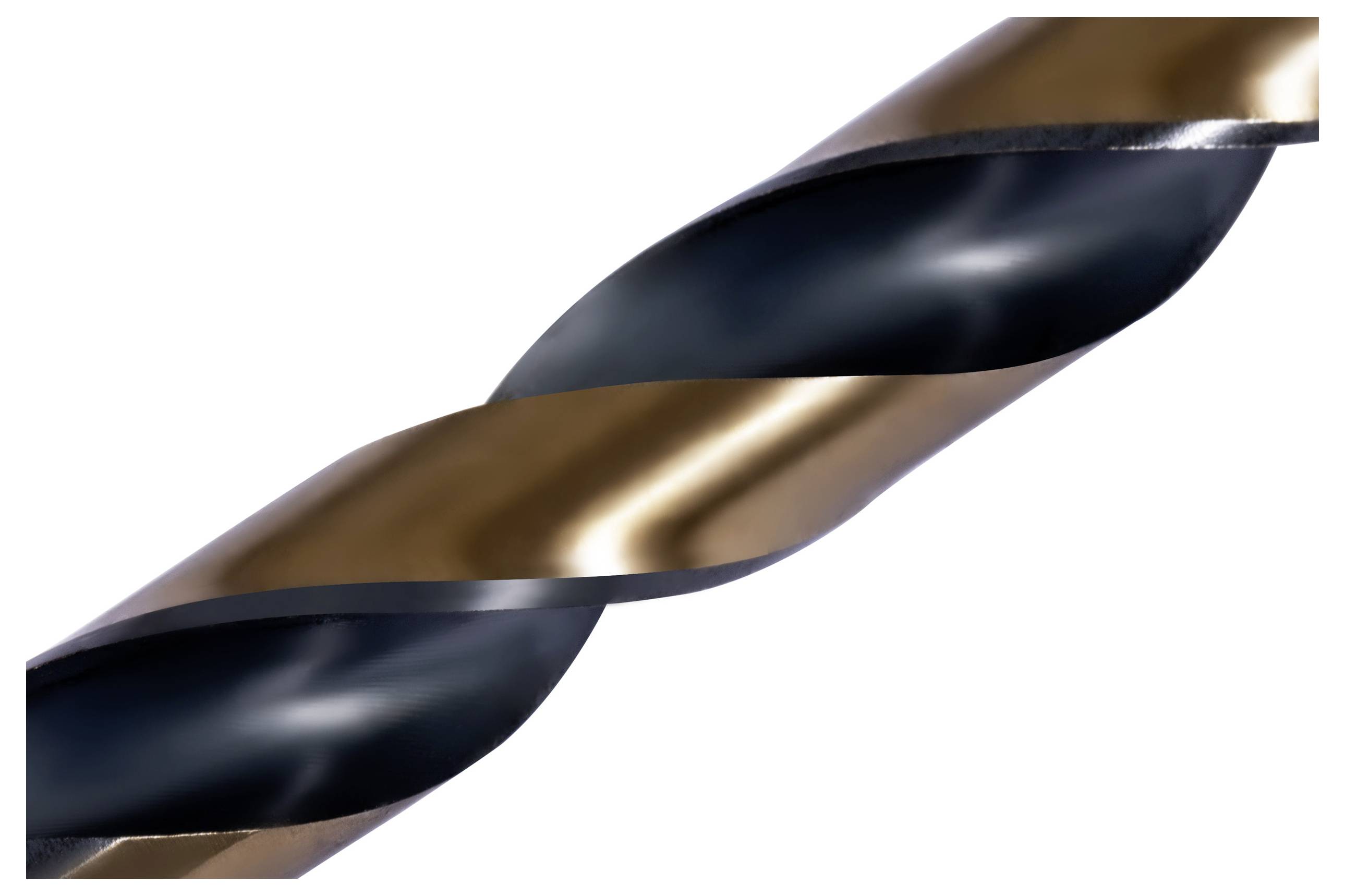 Ein Nahaufnahmebild eines Metallbohrers, das sein gedrehtes Rillendesign und seine reflektierende Oberfläche zeigt und seinen Schneidrand betont.