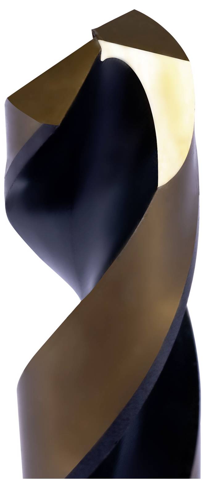 Eine moderne, abstrakte Skulptur mit einer eleganten, sich windenden Form in kontrastierenden dunklen und hellen Farben. Das Design suggeriert Bewegung und Fluss.