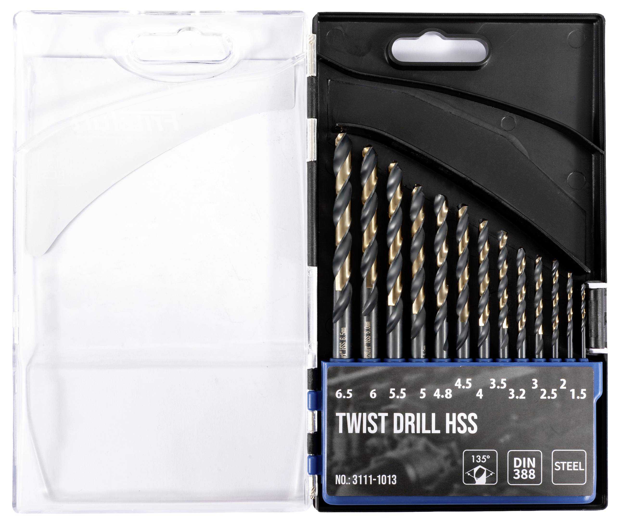 Ein Satz Spiralbohrer in einer Plastikbox, Größen von 2,5 mm bis 6,5 mm. Gekennzeichnet als ‚Twist Drill HSS', geeignet für Stahl.