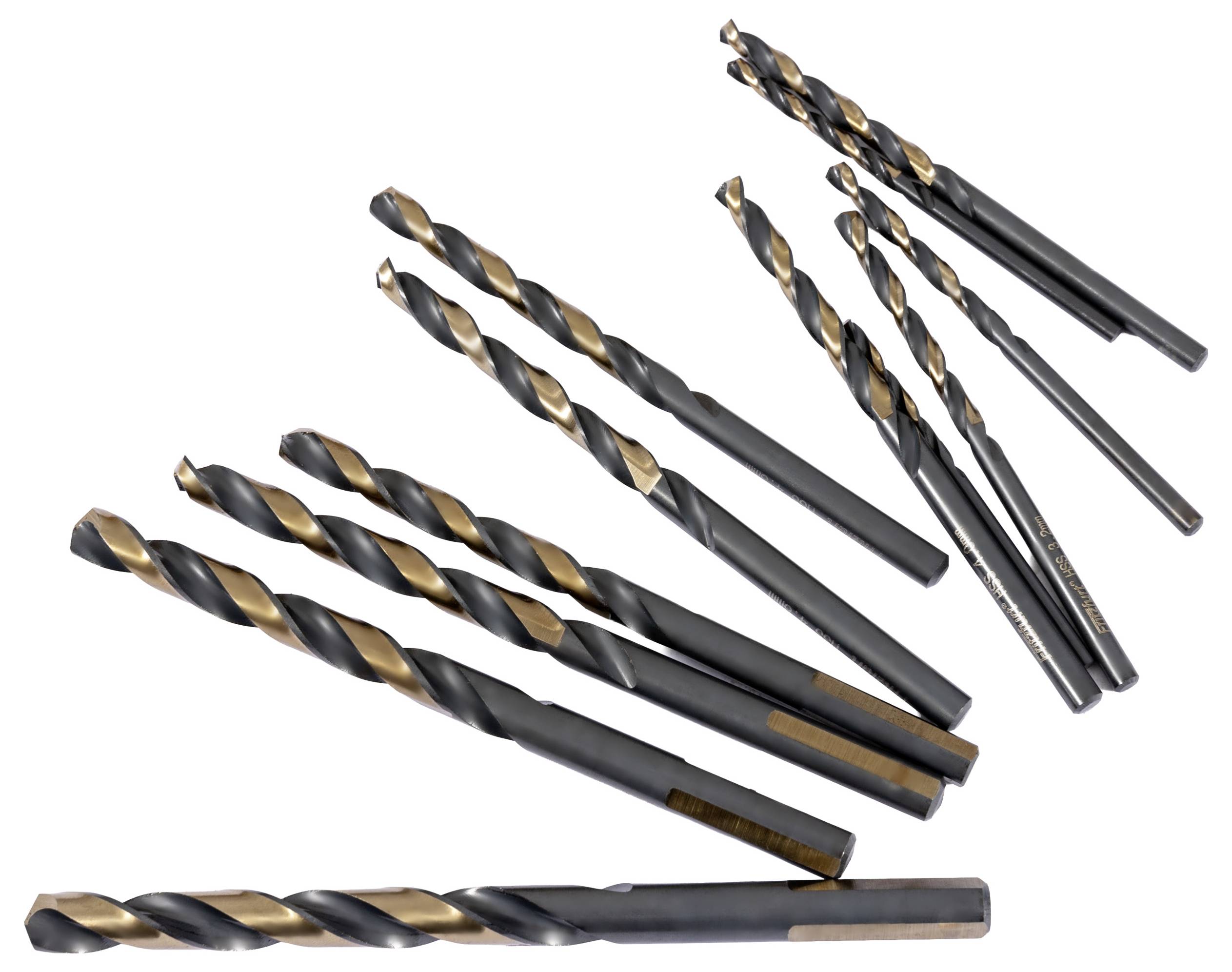 Ein Satz von zwölf Spiralbohrern, in zwei Reihen angeordnet, mit unterschiedlichen Größen und einer schwarz-goldenen Beschichtung, die ihre Schneidkanten zeigt.