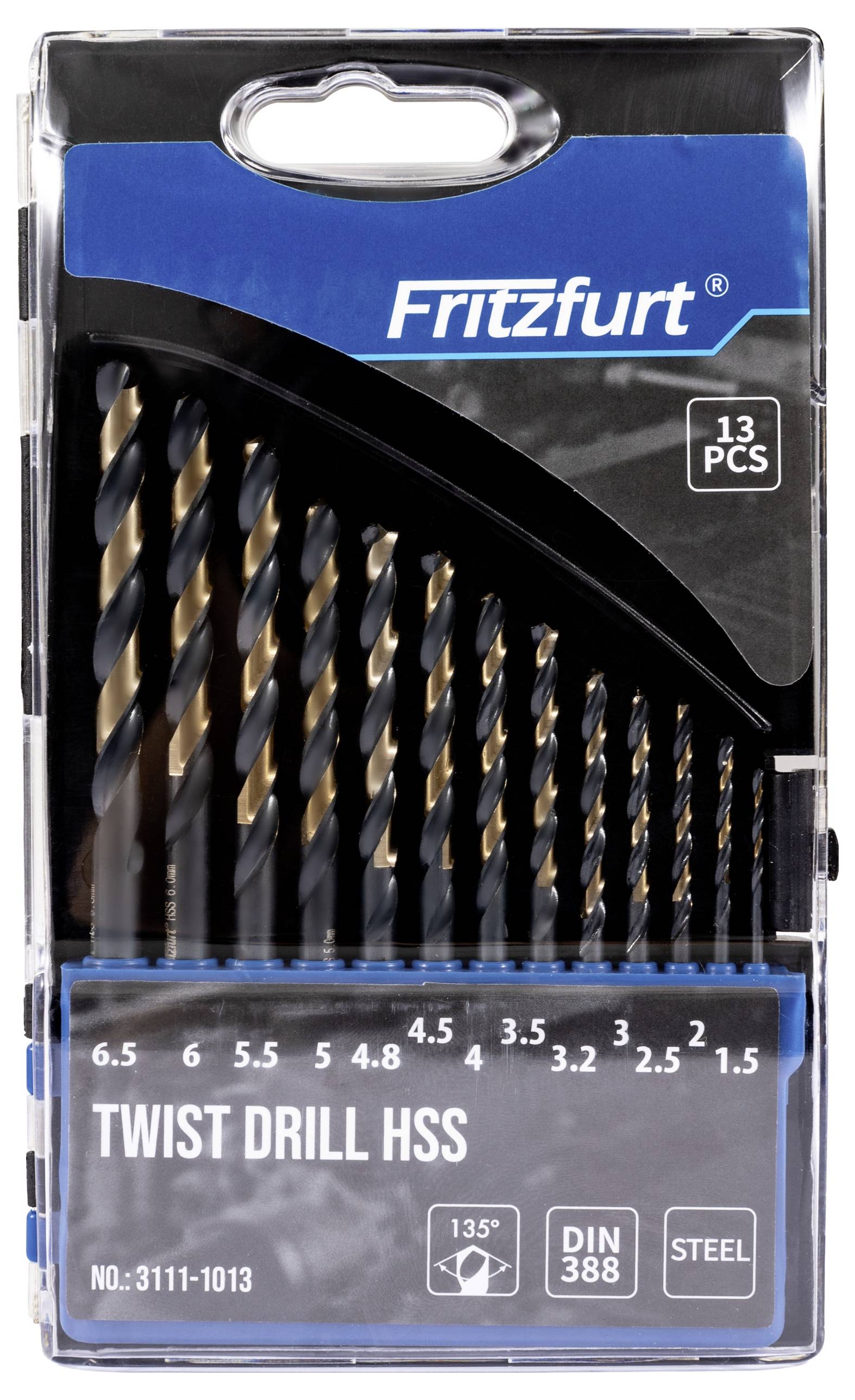 Satz von 13 Spiralbohrern im Bereich von 3 bis 6,5 mm, verpackt mit 'Fritzfurt' Markenlogo.