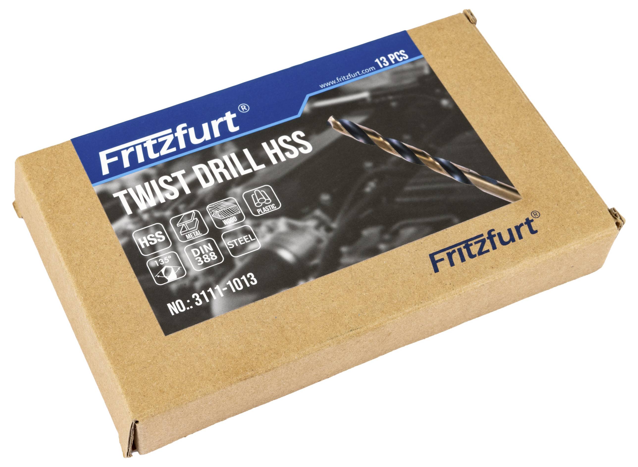 Eine Schachtel mit der Aufschrift 'Fritzfurt Twist Drill HSS, 13 Stk'. Mit Symbolen für HSS-Material, DIN 338 Norm und reduziertem Schaft, mit Produktcode 311-1013.
