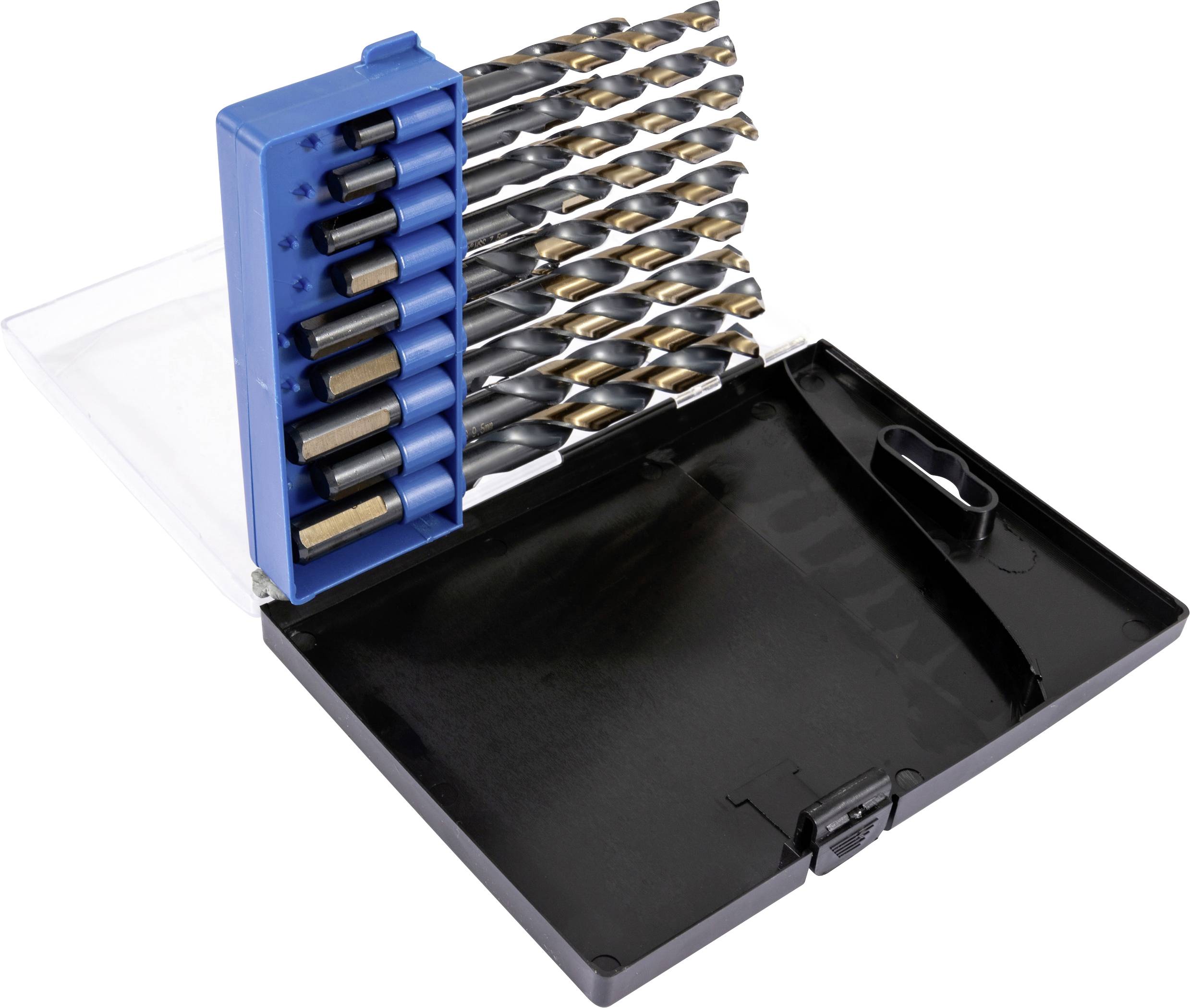 Ein schwarzer und blauer Bohrersatz mit verschiedenen Größen von Bohrern, angeordnet in einer Kunststoffbox.