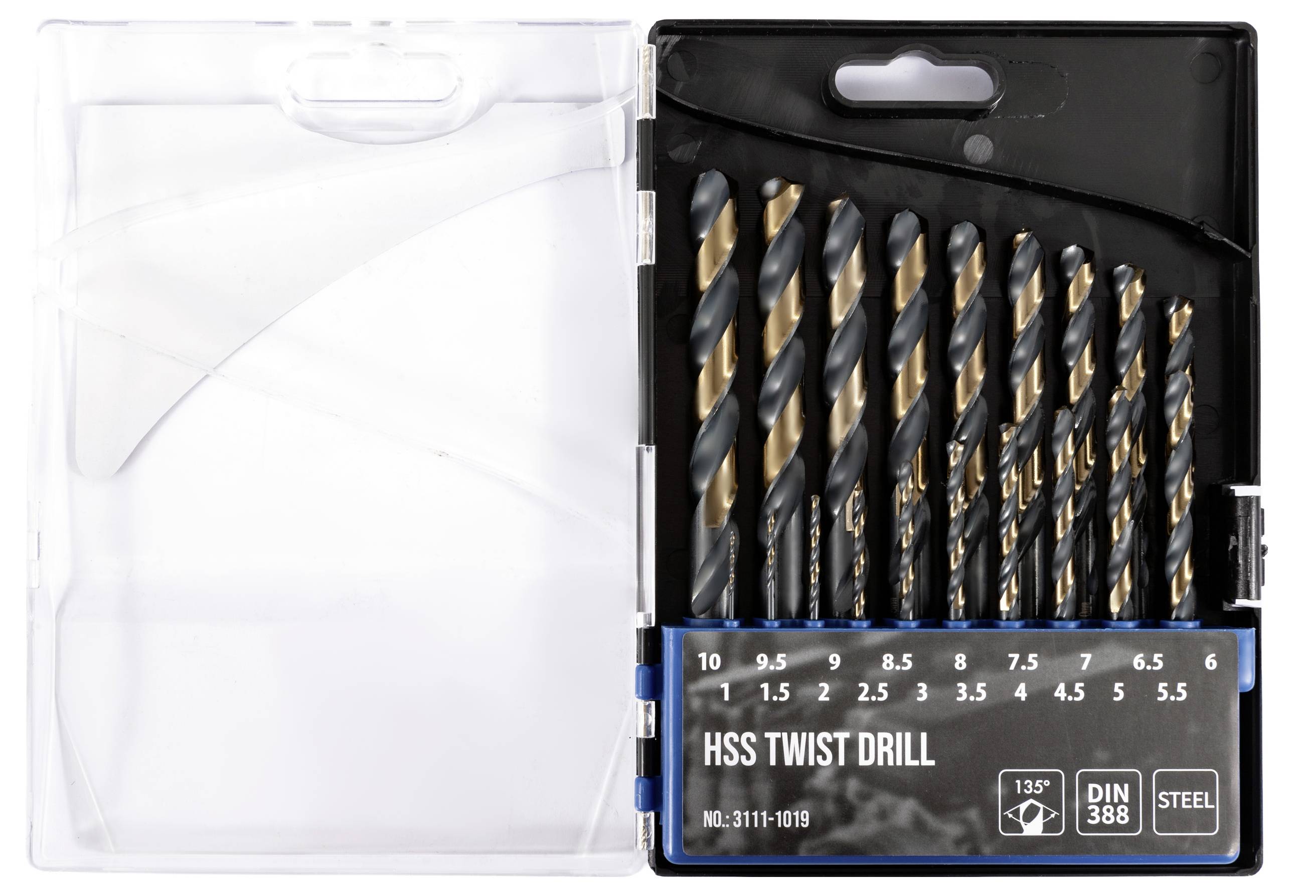 Ein Satz von elf HSS-Spiralbohrern in einer Kunststoffbox, mit Größenangaben von 1,5 bis 10 mm, zum Bohren von Stahl.