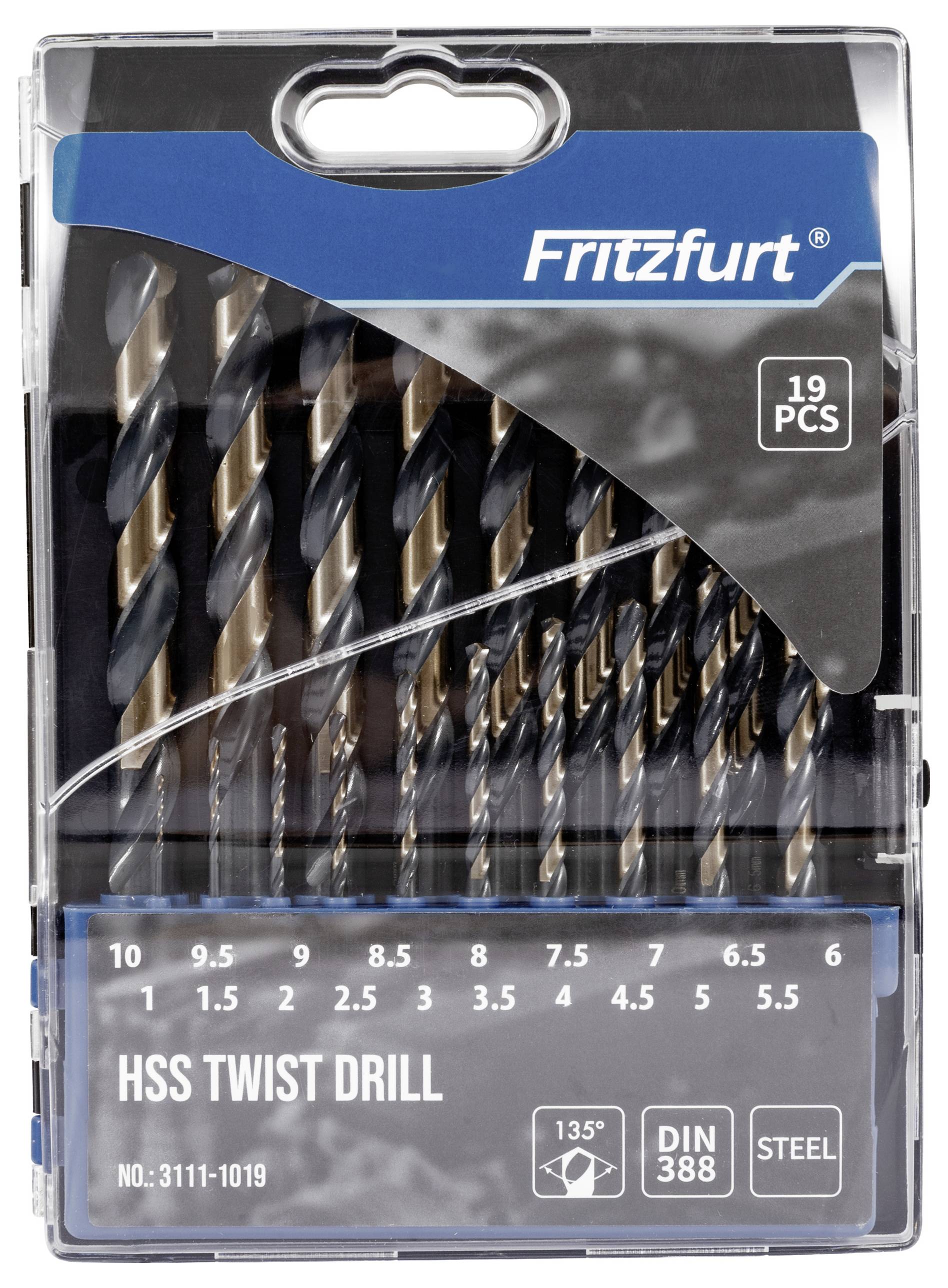 Eine durchsichtige Kunststoffbox mit 19 HSS-Spiralbohrern in verschiedenen Größen, beschriftet von 1,0 bis 10,0 mm. Der Markenname lautet 'Fritzfurt'.