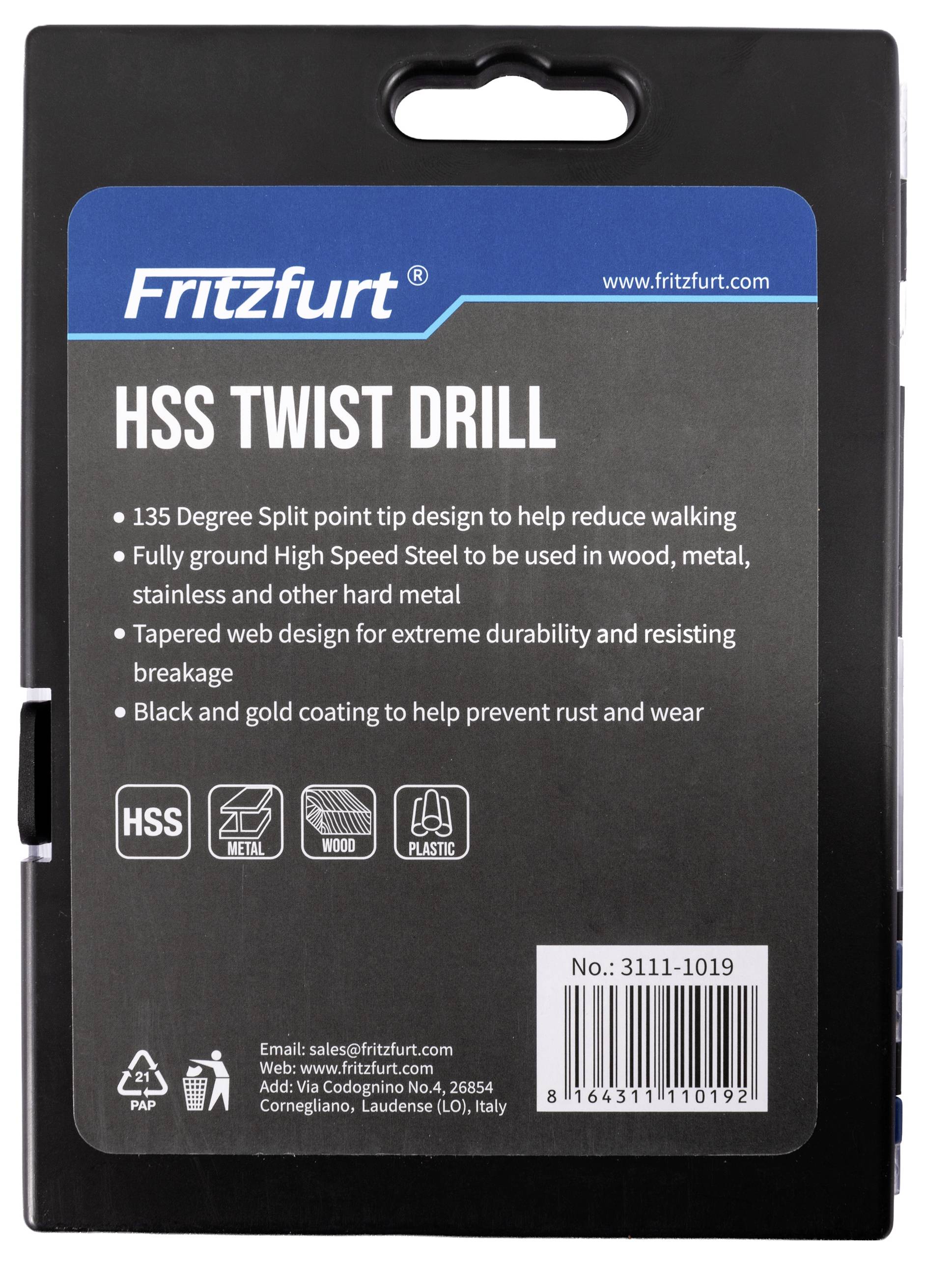 FRITZFURT 3111-1019 HSS-G Metall-Spiralbohrer-Set 19teilig 1.0 mm, 1.5 mm, 2.0 mm, 2.5 mm, 3.0 mm, 3.5 mm, 4.0 mm, 4.5 mm, 5.0 mm