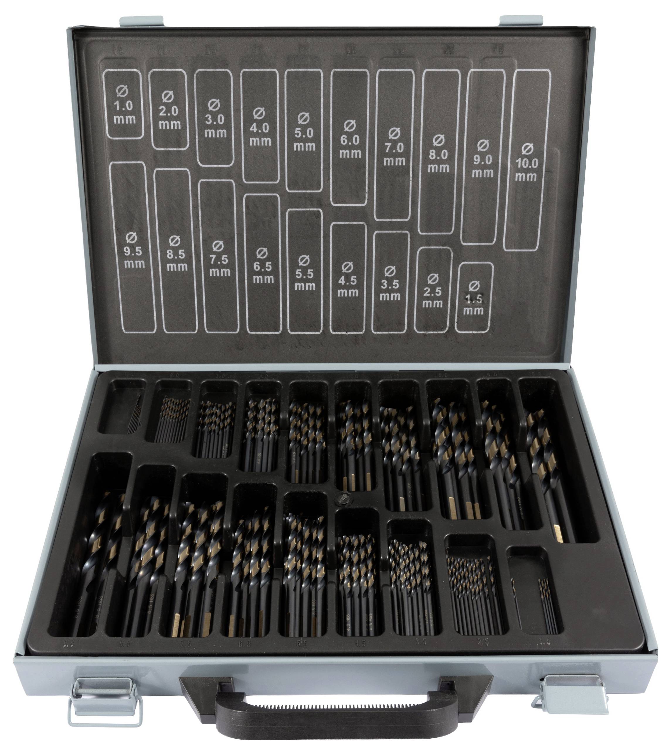 Eine offene Metallbox, in der Bohrer verschiedener Größen übersichtlich angeordnet sind, wobei jeder Einschub mit Durchmessern von 1,0 mm bis 10,0 mm beschriftet ist.
