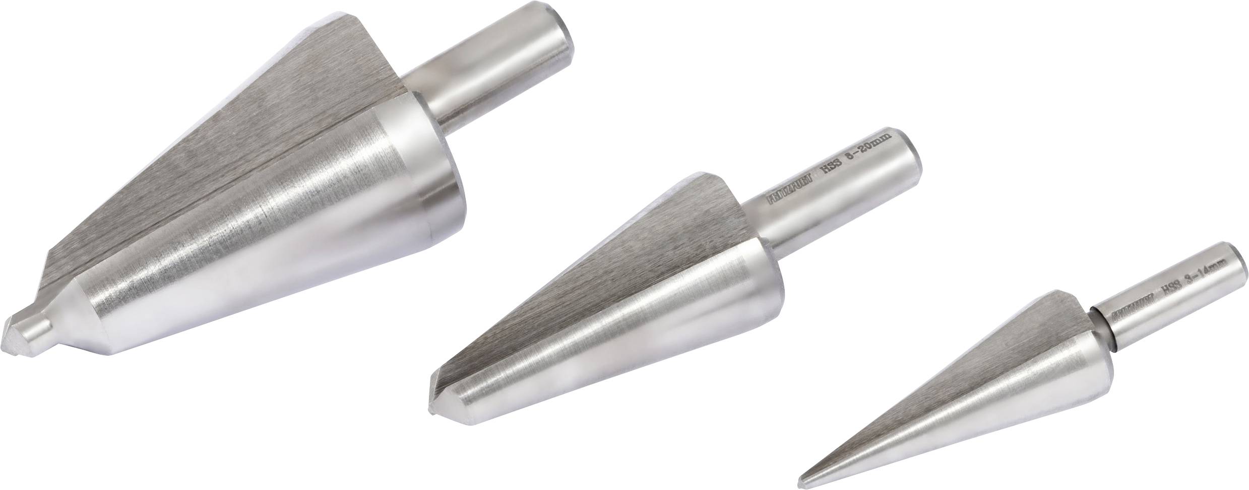 Drei silberne, kegelförmige Metallbohrer seitlich angeordnet, von rechts nach links in der Größe zunehmend, verwendet zum Bohren von Löchern in der Holzbearbeitung.