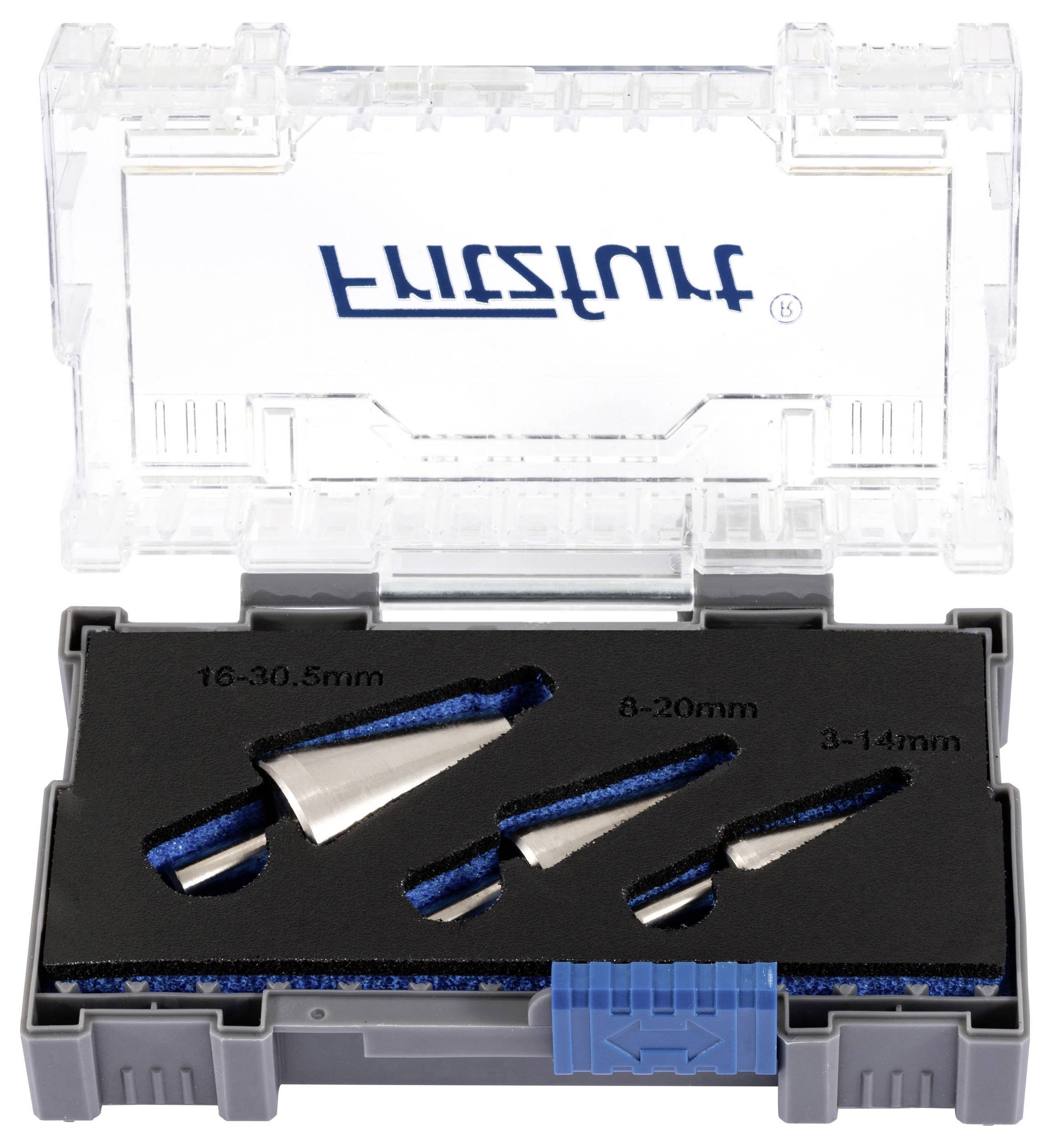 Ein Satz von drei silbernen Metallstufenbohrern in zunehmender Größe, präsentiert in einer schwarz-blauen Etui mit transparentem Deckel.