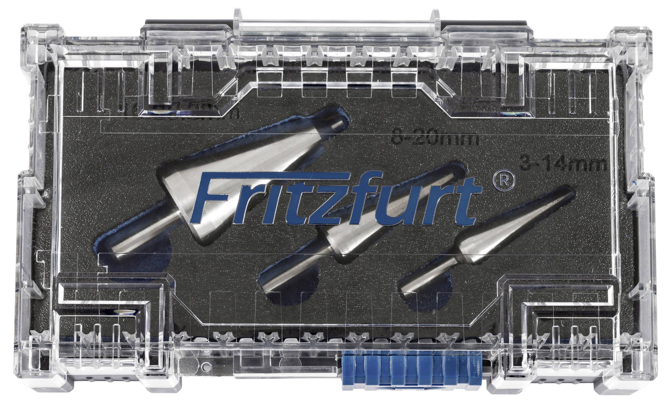 Fritzfurt-Markensatz von drei konischen Bohrern in einer transparenten Hülle, mit Größenbereichmarkierungen von 3-14 mm und 4-20 mm.