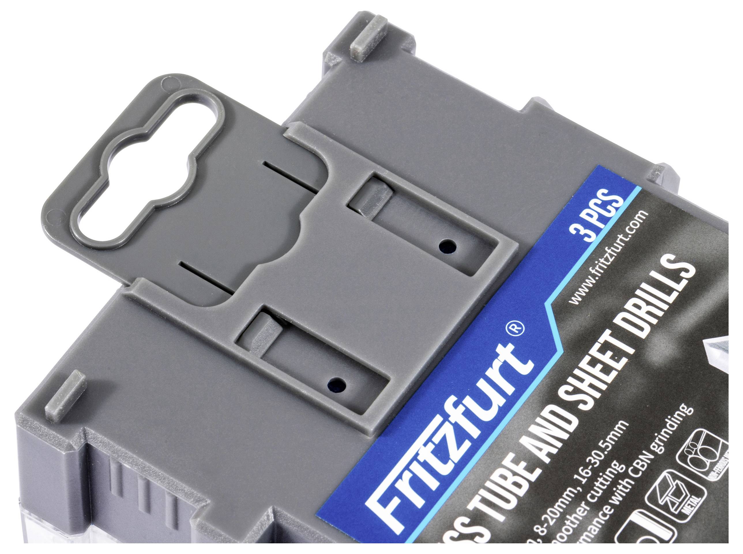 Eine graue Bohrereinsatzbox mit einem Etikett, auf dem die Marke 'Fritzfurt' zu sehen ist, gekennzeichnet für Rohr- und Blechbohrer, enthält drei Stück.