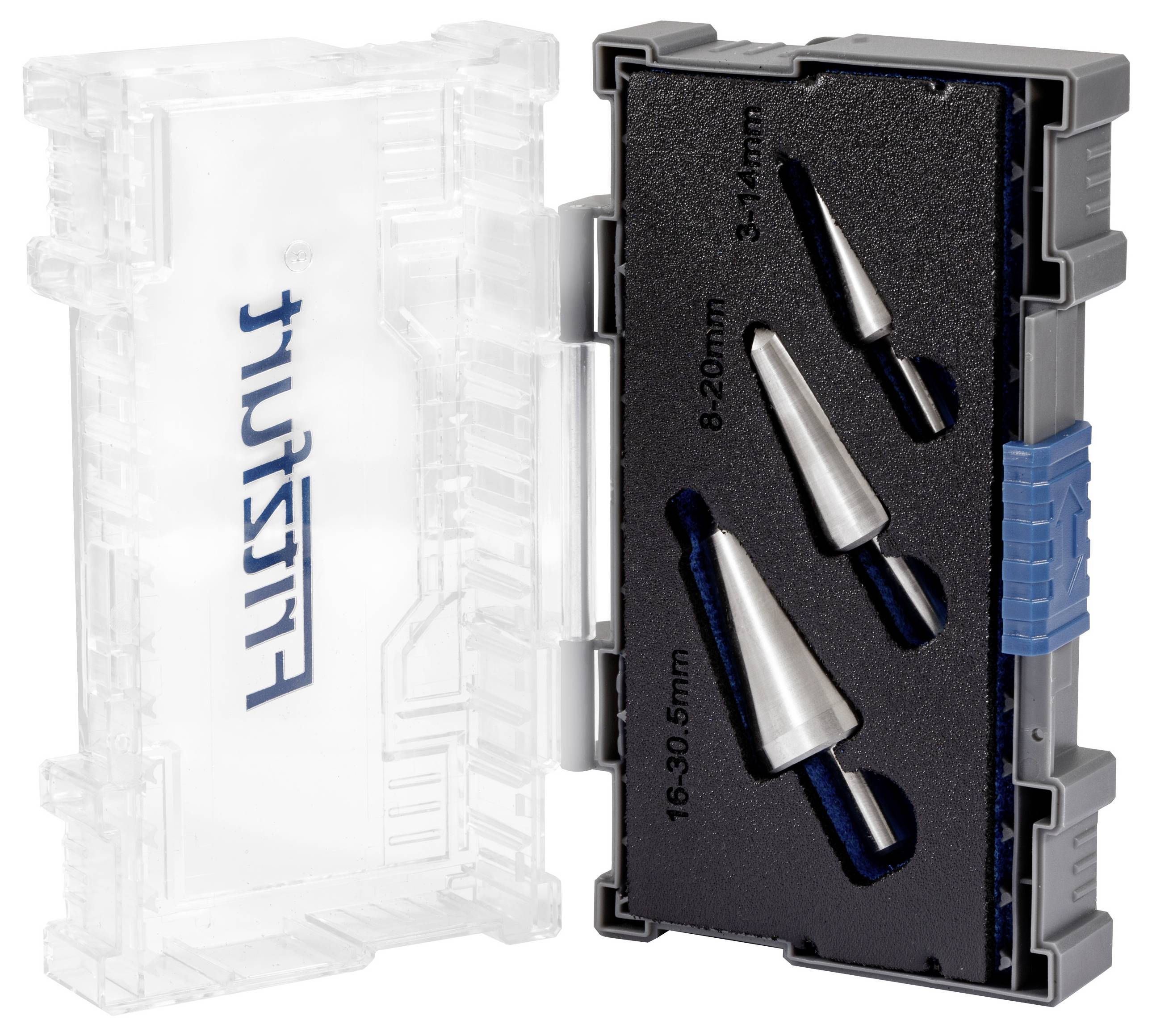 Kunststoffkoffer mit dem Wort 'Futura', der sich öffnet und drei Metallkegelbohrer zeigt, die mit den Größen 3-14 mm, 8-20 mm und 16-30,5 mm beschriftet sind.