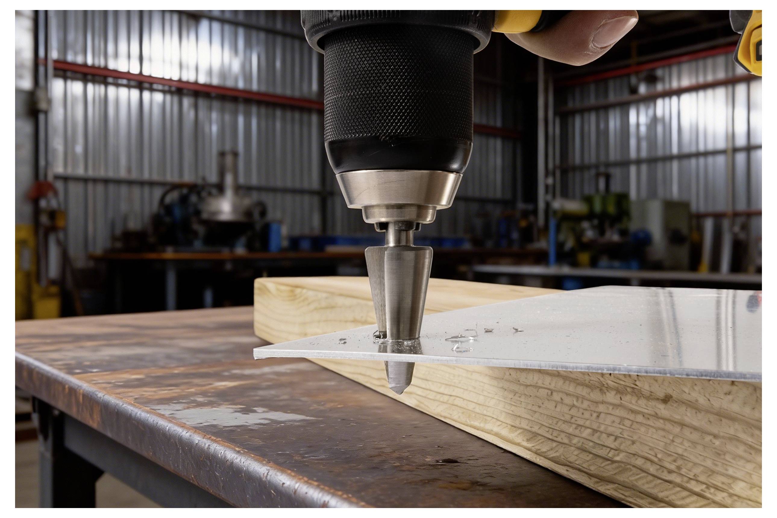 Eine Bohrmaschine, die ein Loch in ein Metallblech bohrt, das auf einem Holzblock in einer Werkstattumgebung liegt.