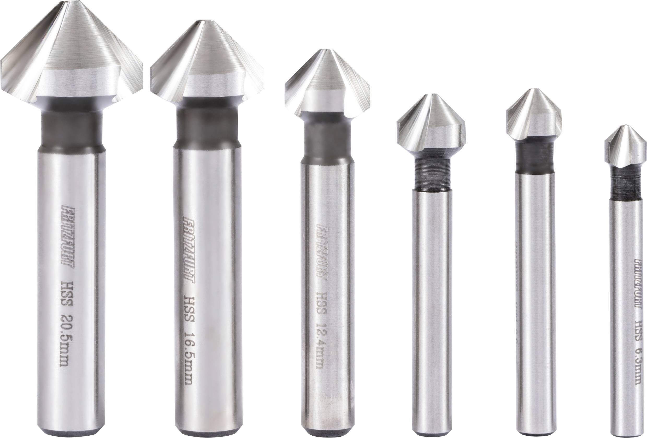 Satz von sechs Senkerbohrern aus Metall in verschiedenen Größen, mit scharfen, konischen Köpfen und eingravierter Maßangabe auf jedem Bohrer.