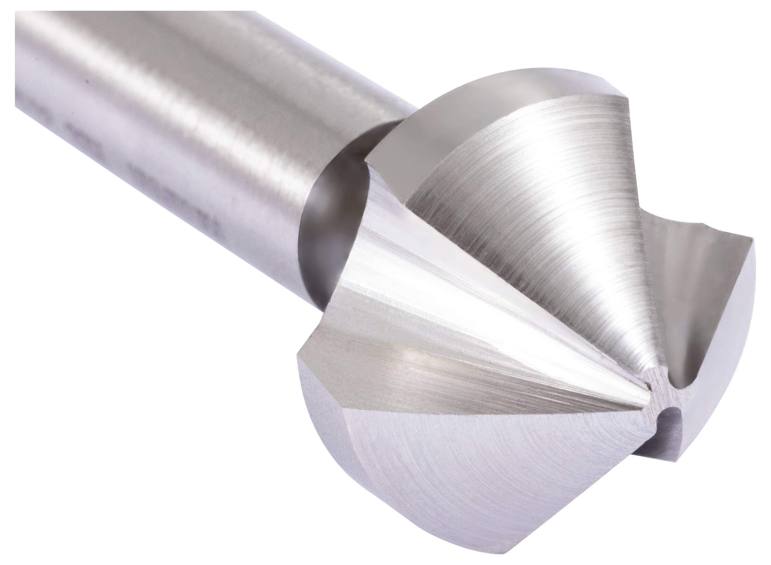 Eine Nahaufnahme eines glänzenden Metallversenkers mit einem konisch zulaufenden Schneidkopf, der zum Erstellen von vertieften Bereichen auf Oberflächen verwendet wird.