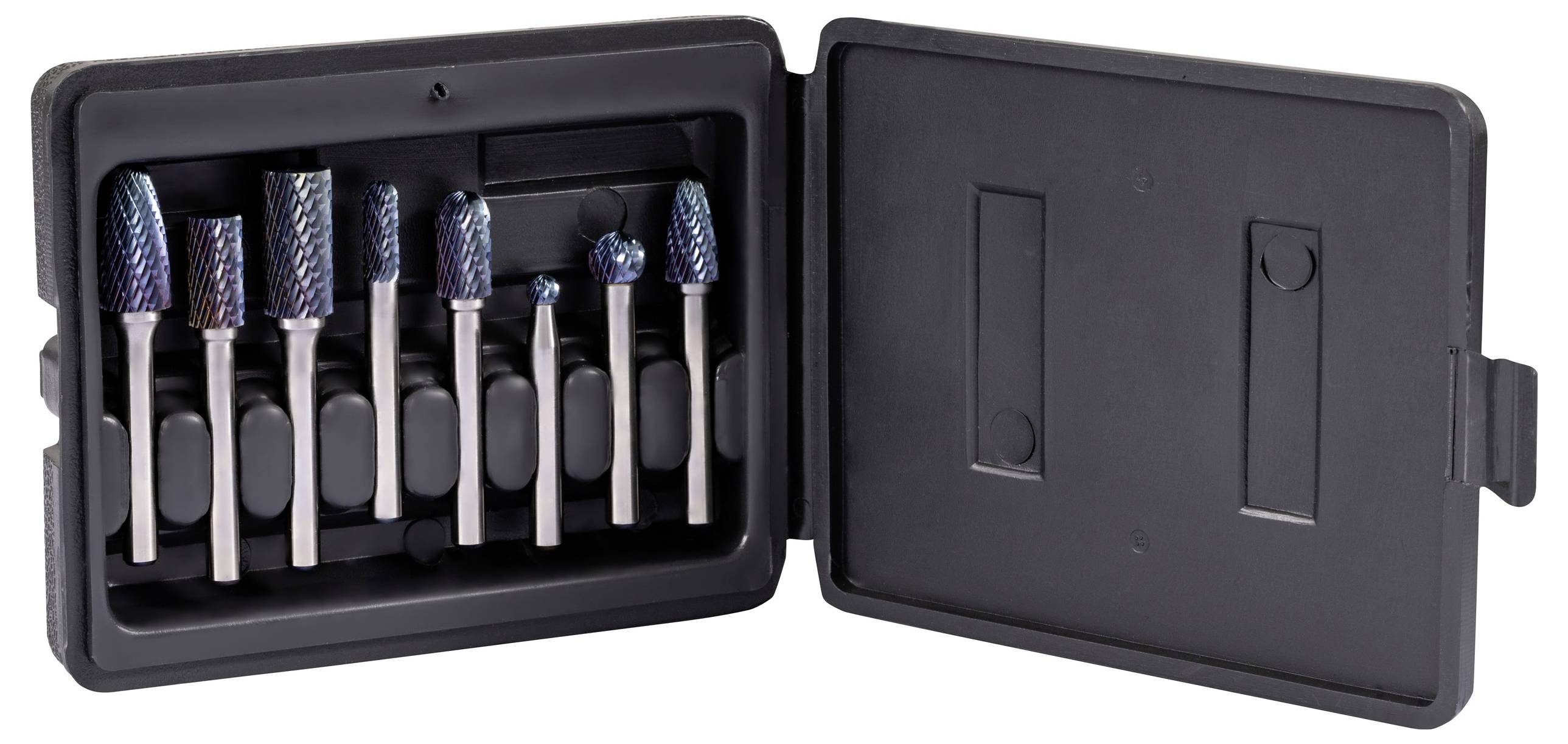 Eine offene schwarze Plastikbox, die einen Satz von 10 metallischen Rotationswerkzeugen zeigt, die jeweils sicher in einem maßgeschneiderten Einschub platziert sind.
