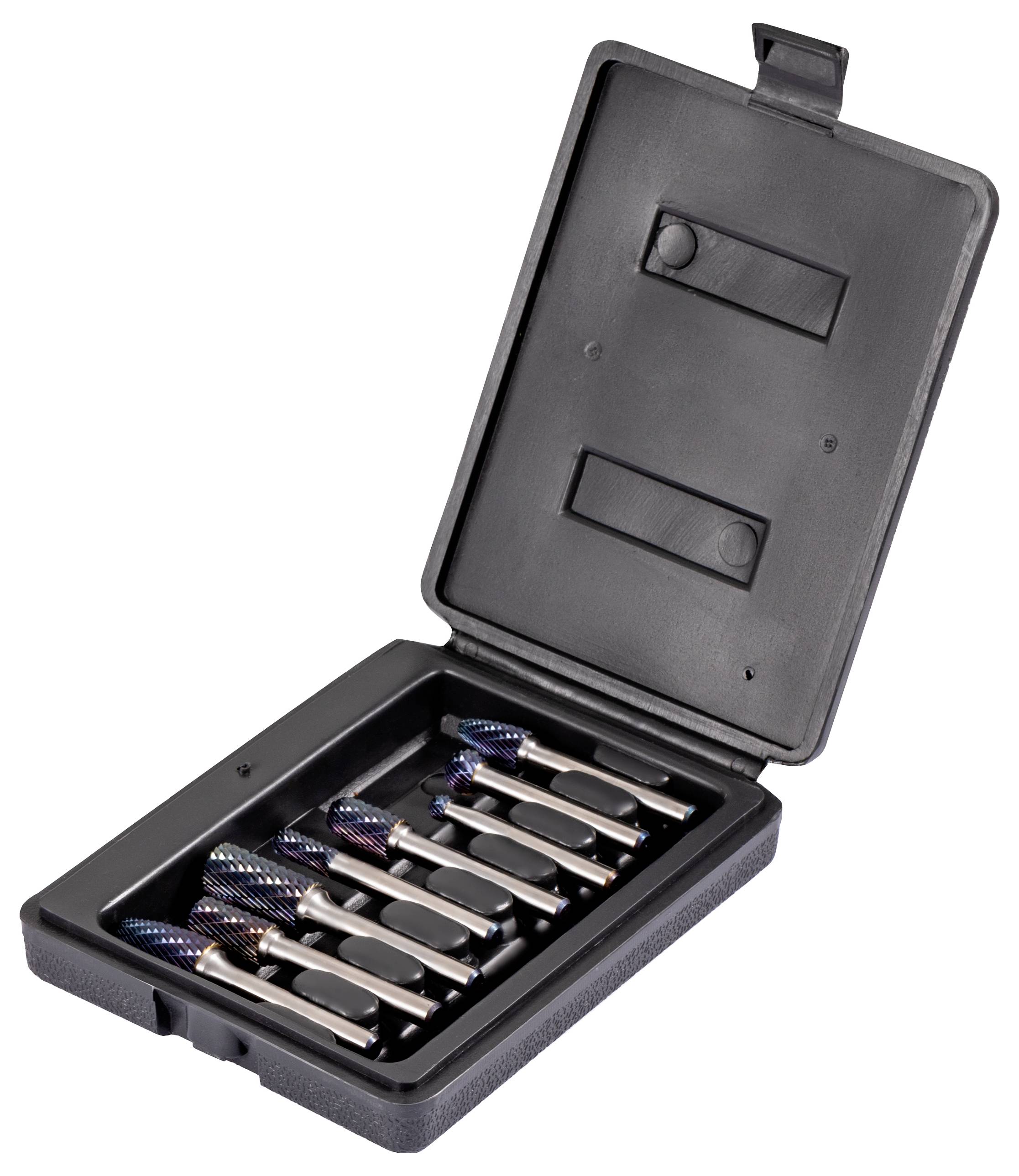 Eine schwarze Plastikbox, die sechs blaue und silberne Bohrer enthält, die in Paaren angeordnet sind. Die Box ist geöffnet und zeigt eine geformte Innenausstattung.