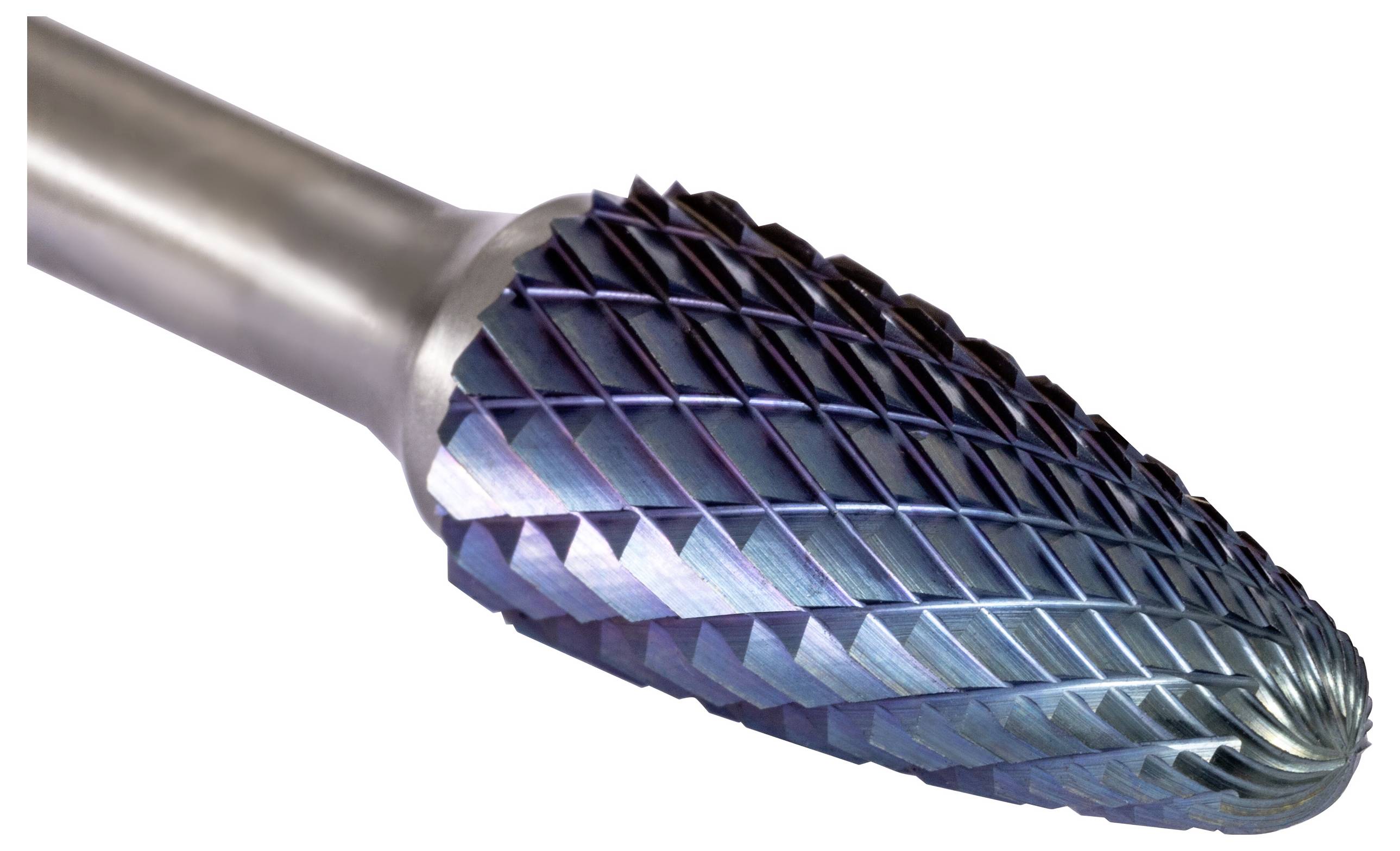 Eine Hartmetall-Rotorfräse mit konischer Form und Kreuzschliffmuster auf ihrer Oberfläche, die zum präzisen Schleifen und Materialentfernen verwendet wird.