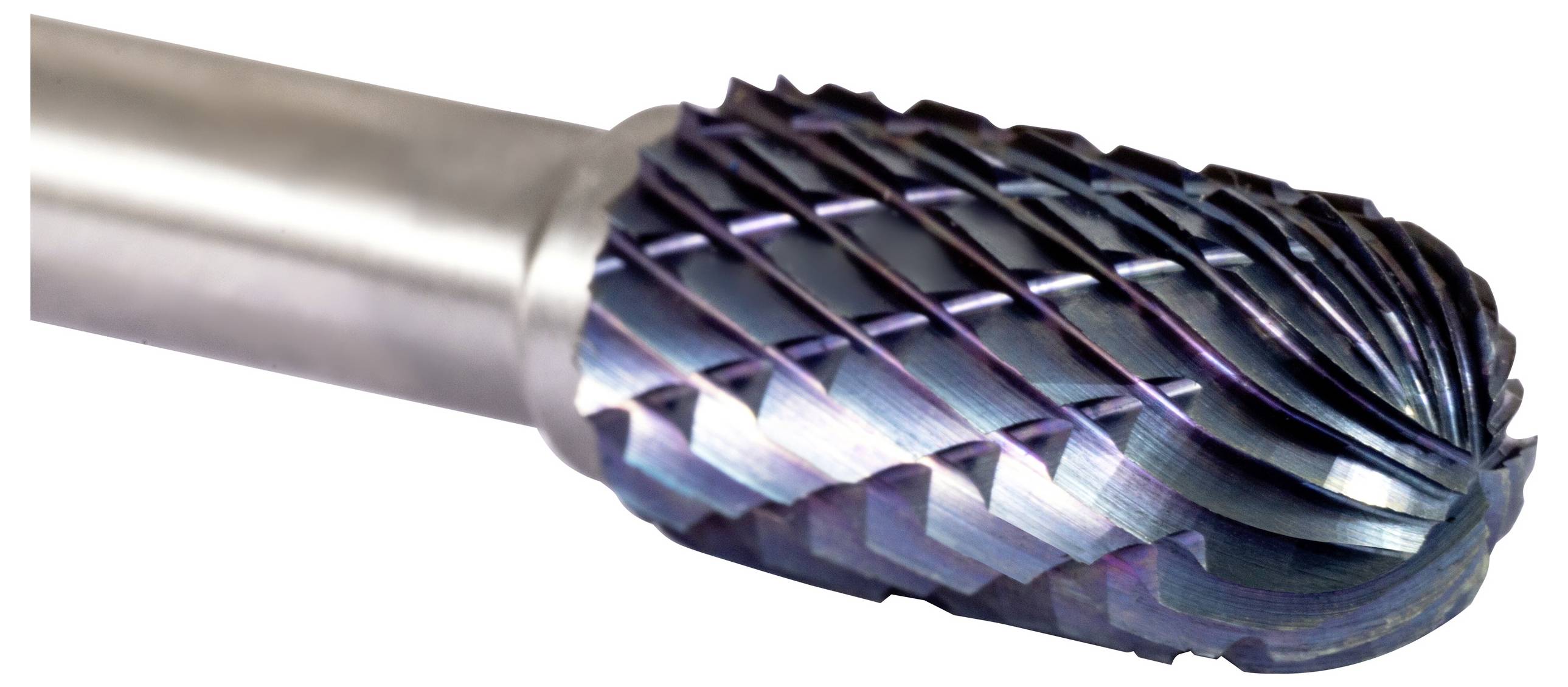 Eine Nahaufnahme eines Metallschneidwerkzeugs mit einem zylindrischen Schaft und einem Spiralnutendesign. Es scheint eine Rotationsfräse zum Schleifen zu sein.