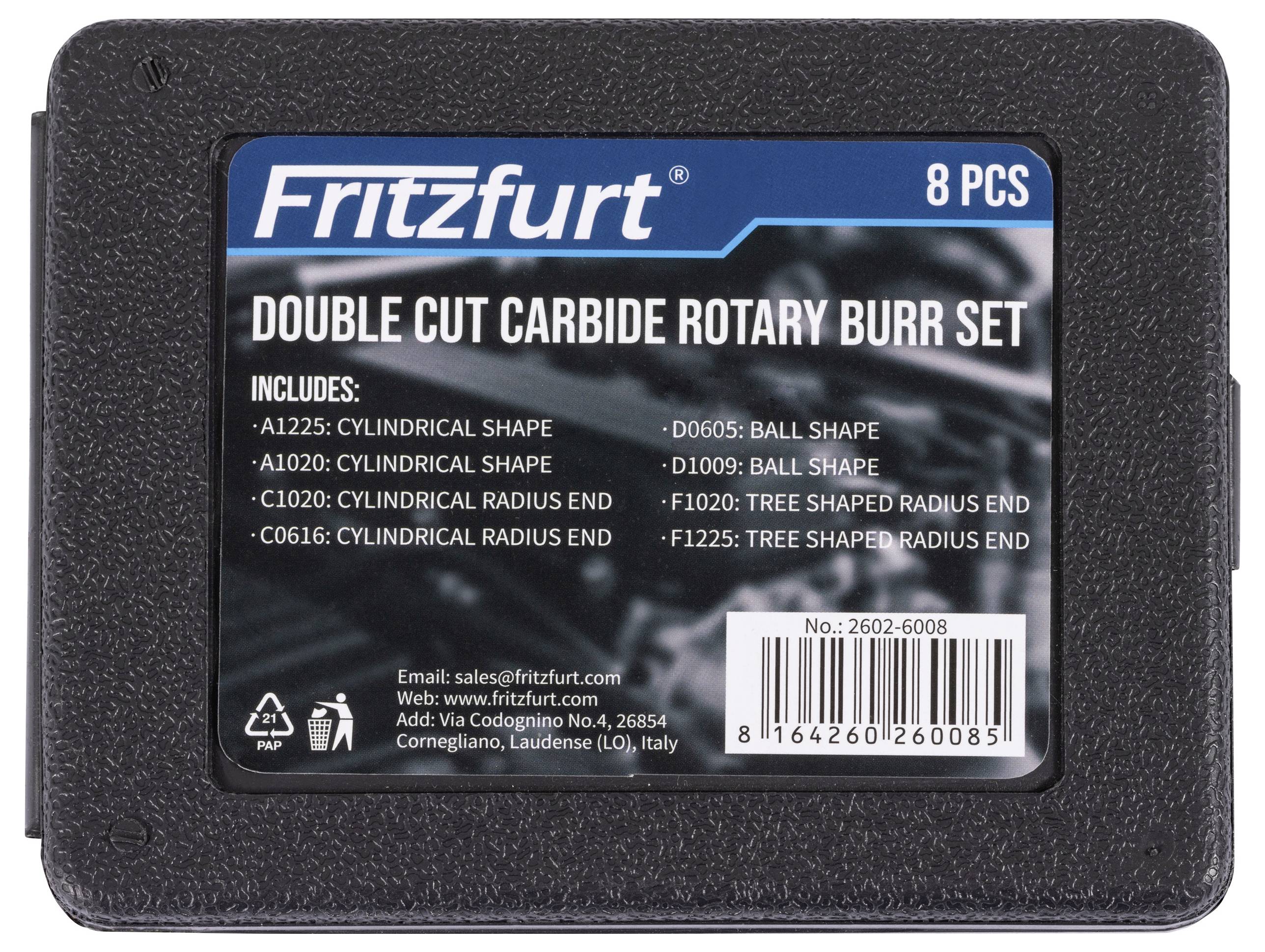 Marke 'Fritzfurt', 8-teiliges Hartmetall-Rotationsfrässet mit Doppelschlifffräsern in verschiedenen Formen wie zylindrisch und baumförmig, mit Teilenummern aufgelistet.