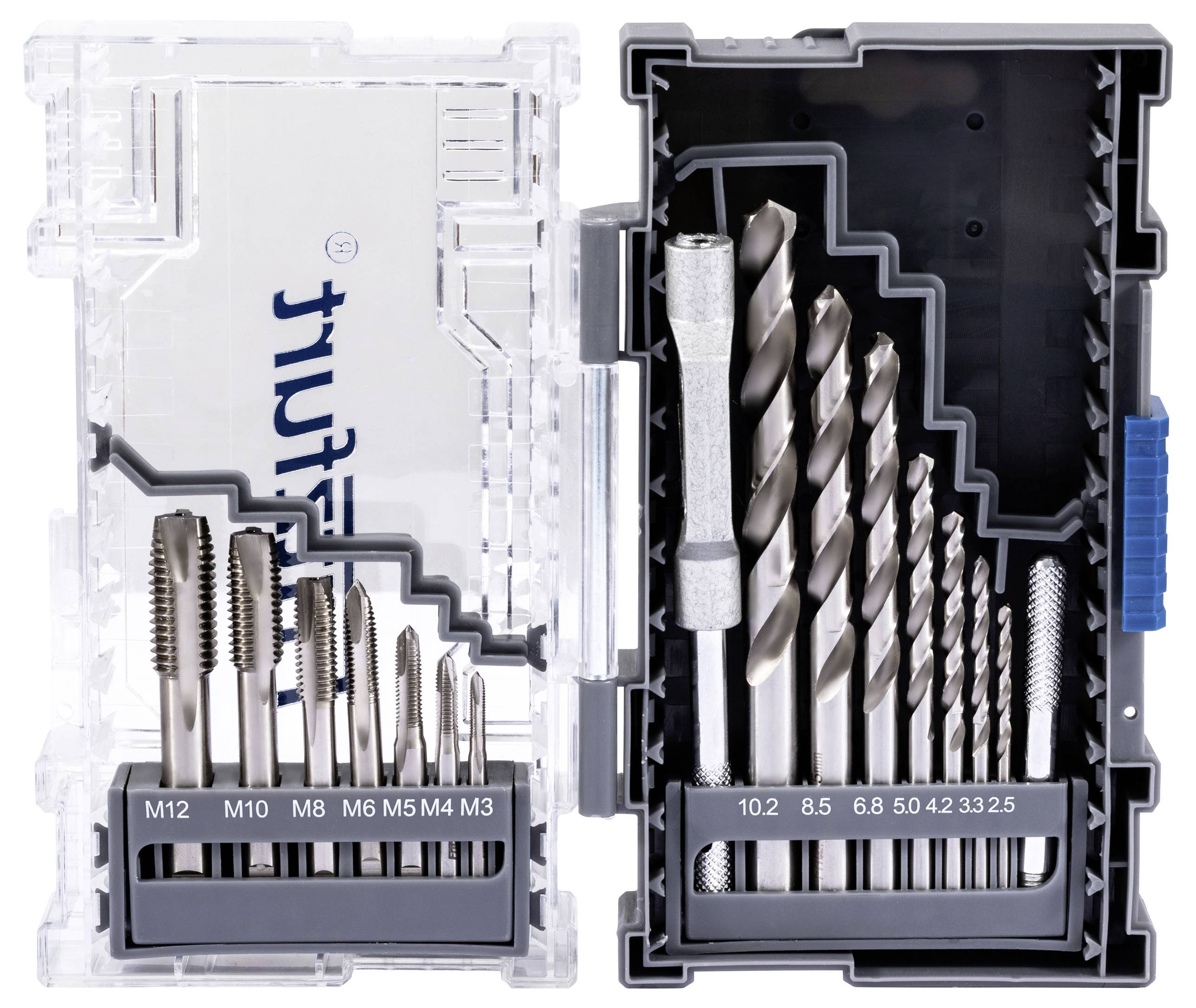 Ein Satz Metall-Bohrer- und Gewindebohrerbits in einer offenen Schatulle, der verschiedene Größen von M12 bis M3 für Gewindebohrer und 10,2 bis 3,3 mm für Bohrer zeigt.