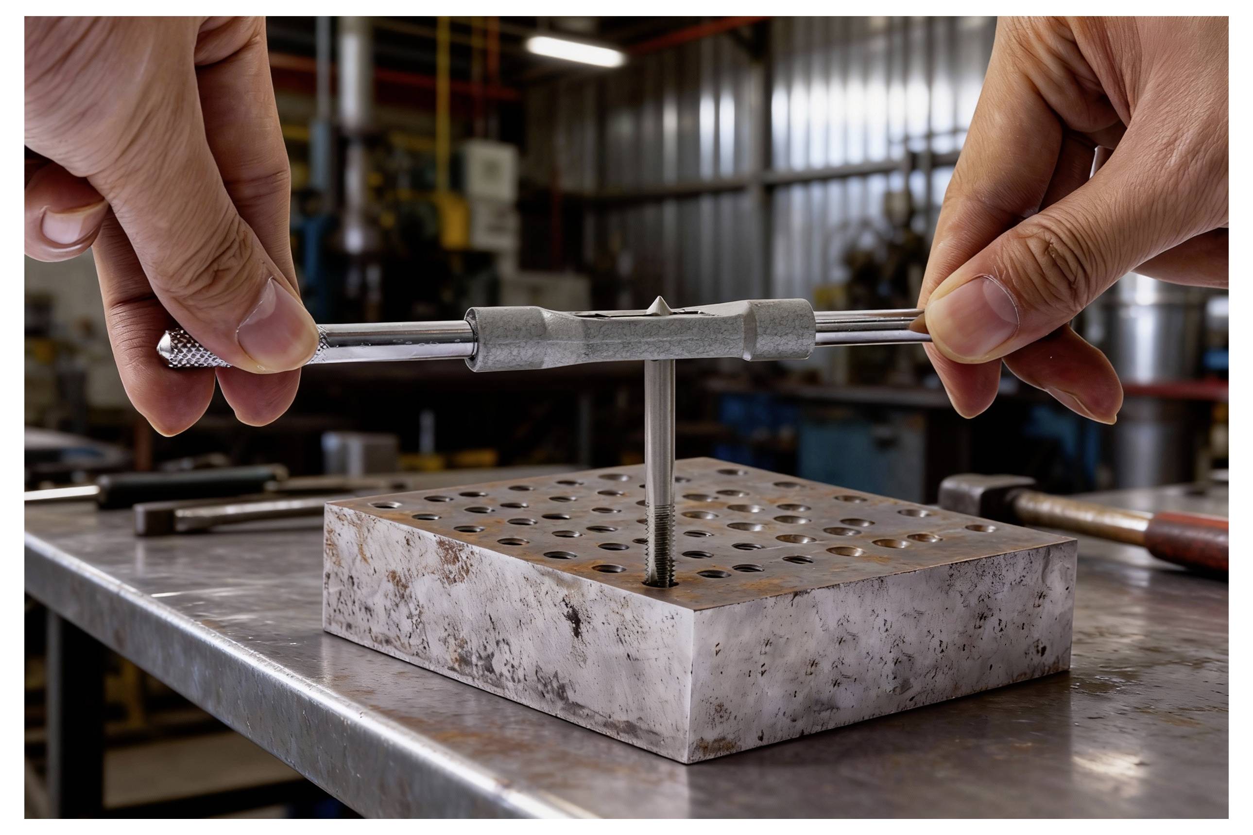 Hände, die einen Zapfenschlüssel verwenden, um Gewinde in einen Metallblock mit zahlreichen Löchern zu schneiden, aufgestellt auf einer Werkbank in einer Werkstattumgebung.